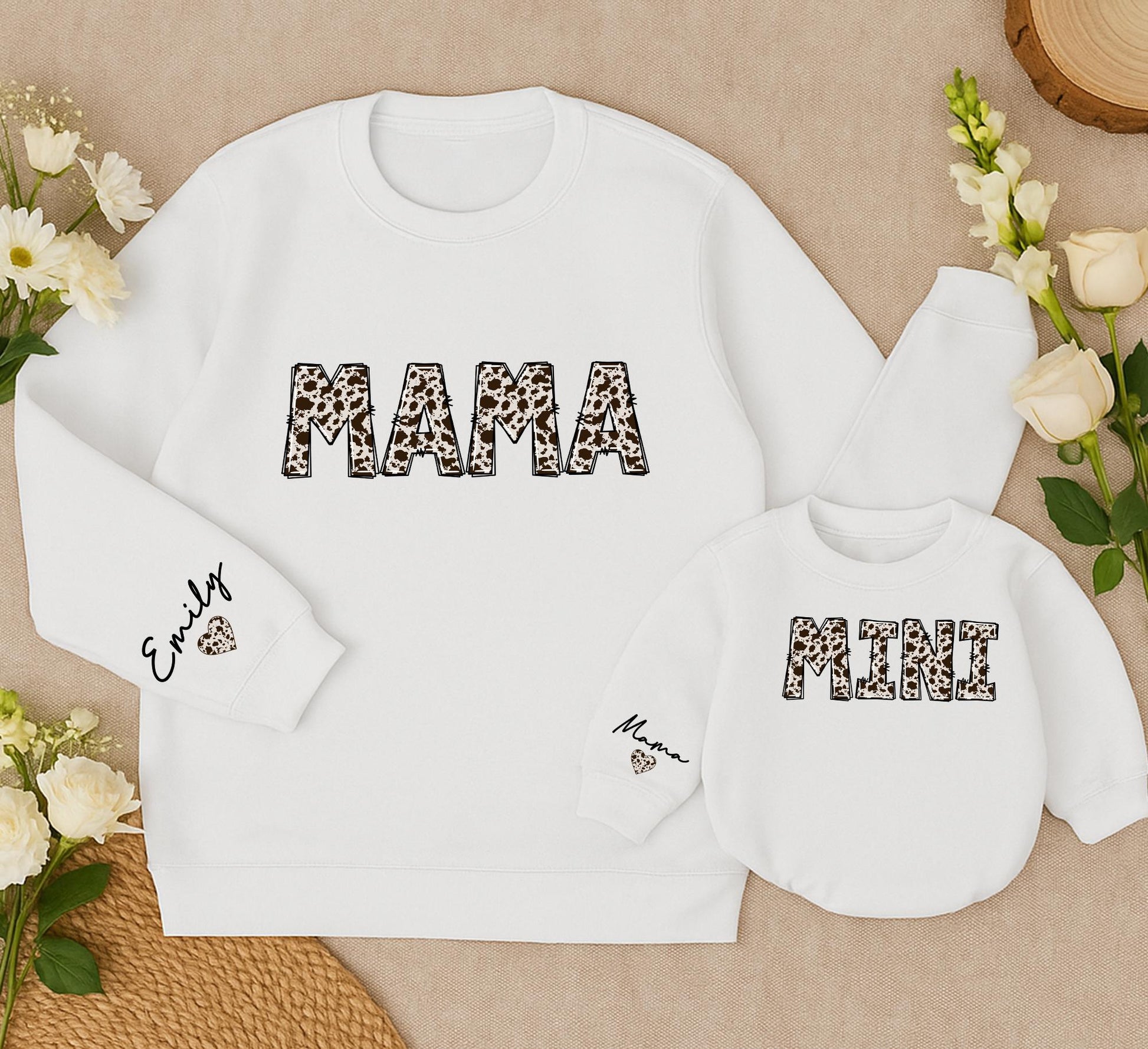 Personalized Mama & Mini Cowhide Sweatshirt Set, Matching Mom & Baby Outfit, Custom Name, Western Christmas Romper, Country Girl Gift Set 138