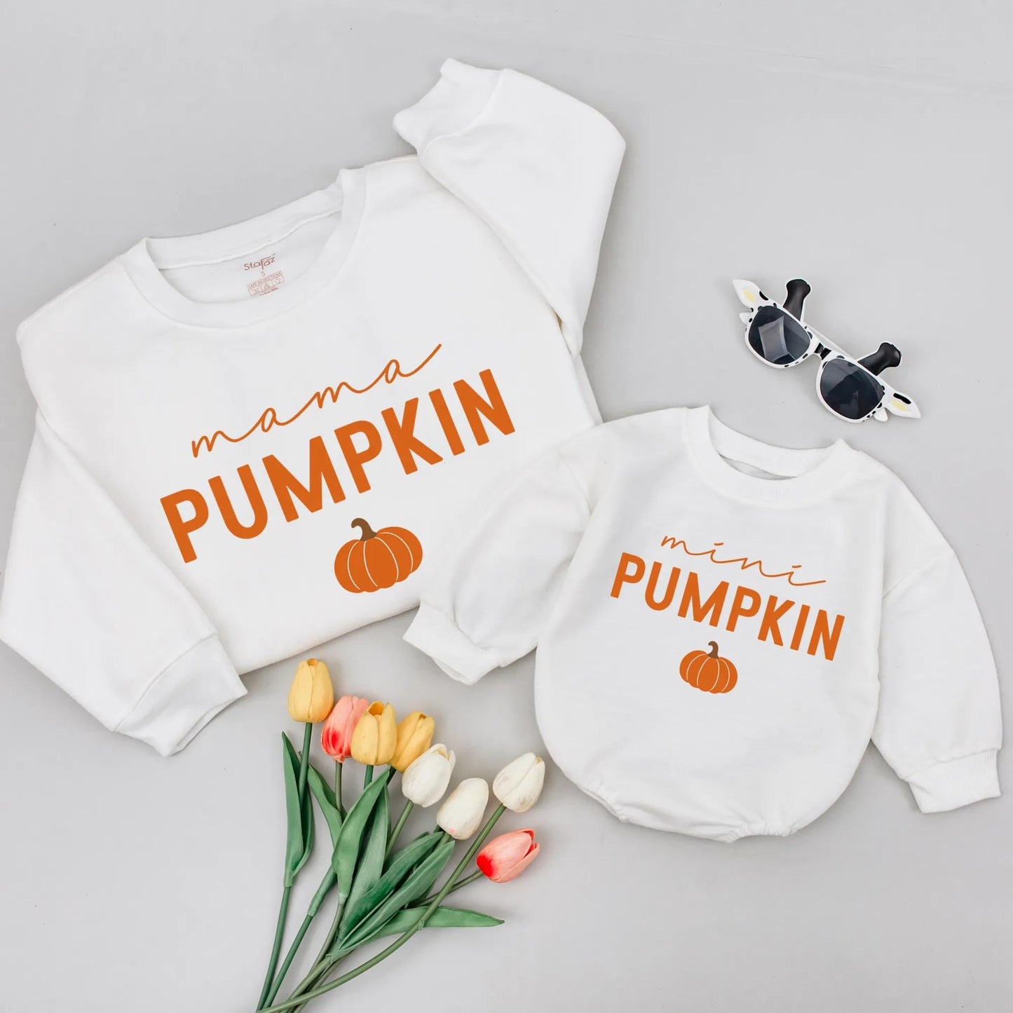 Mama and Mini Pumpkin Matching Sweatshirts Fall Outfit Cute Baby Shower Gift Simple Autumn Design Mom Daughter Son Apparel
