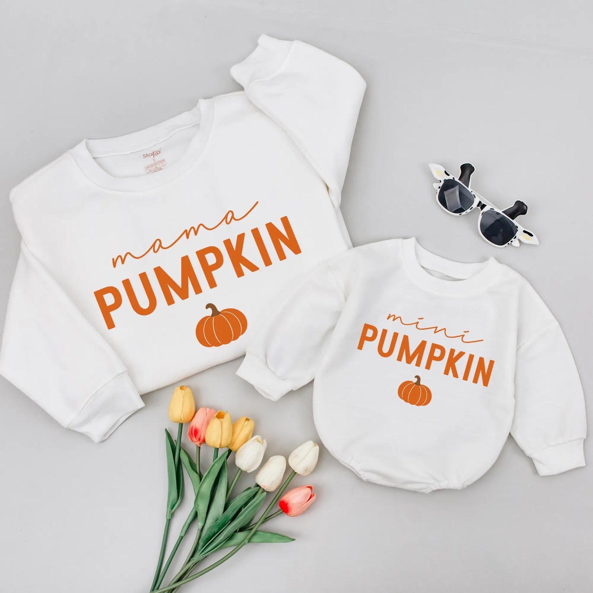 Mama and Mini Pumpkin Matching Sweatshirts Fall Outfit Cute Baby Shower Gift Simple Autumn Design Mom Daughter Son Apparel