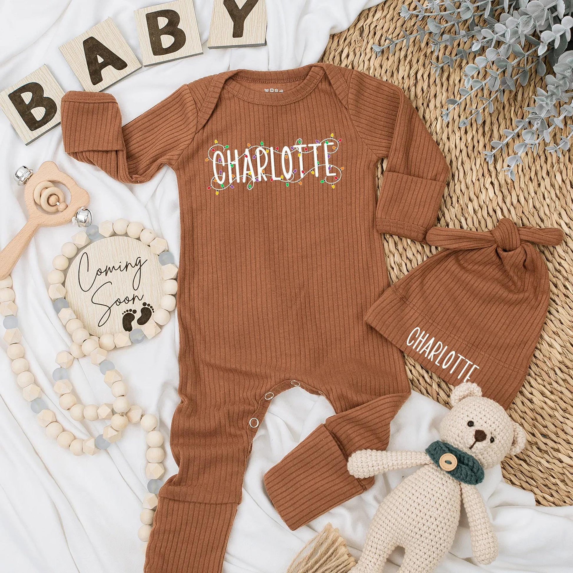 Personalized Charlotte Christmas Lights Baby Bodysuit Custom Name Newborn Holiday Outfit Festive Xmas Baby Shower Gift Coming Home Romper