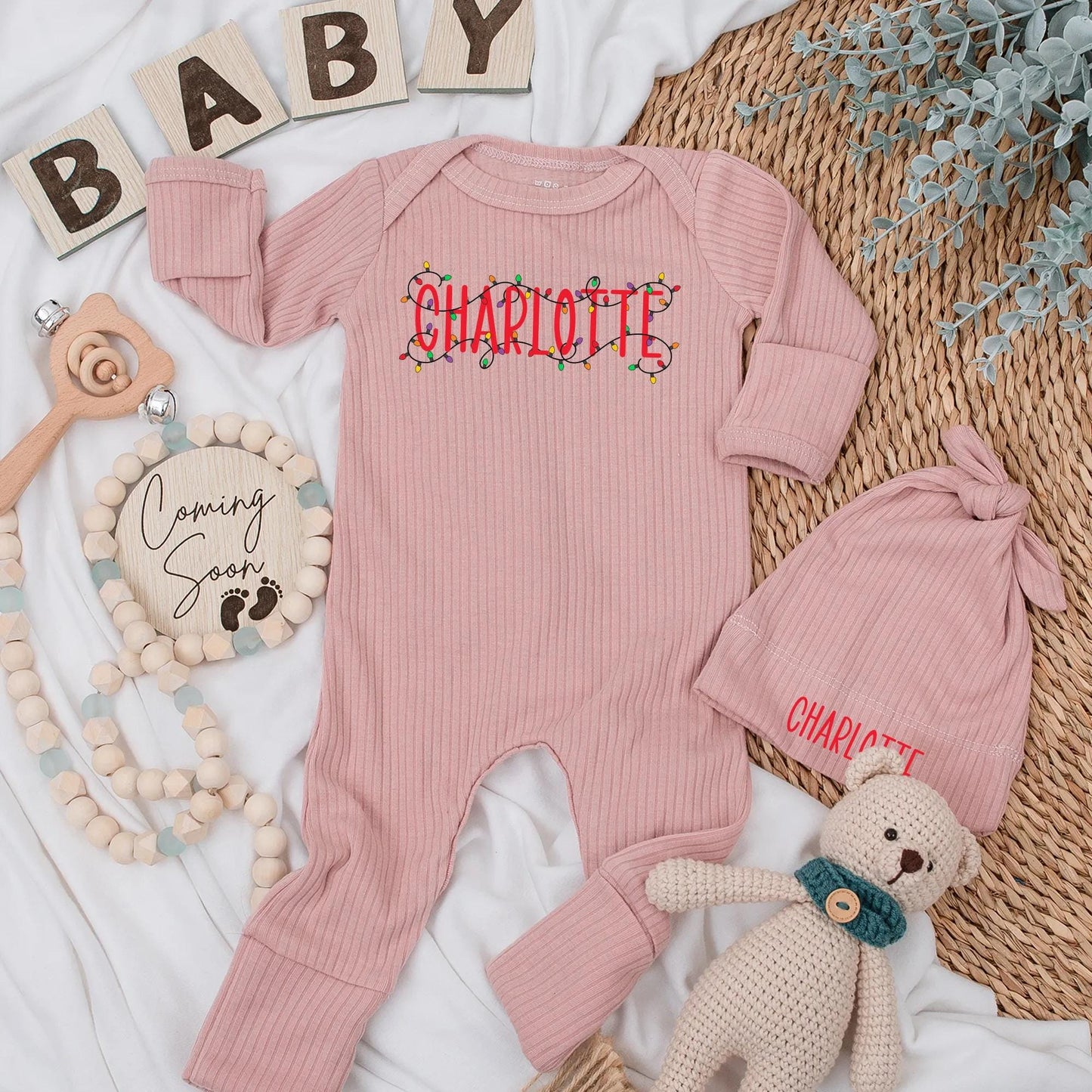 Personalized Charlotte Christmas Lights Baby Bodysuit Custom Name Newborn Holiday Outfit Festive Xmas Baby Shower Gift Coming Home Romper