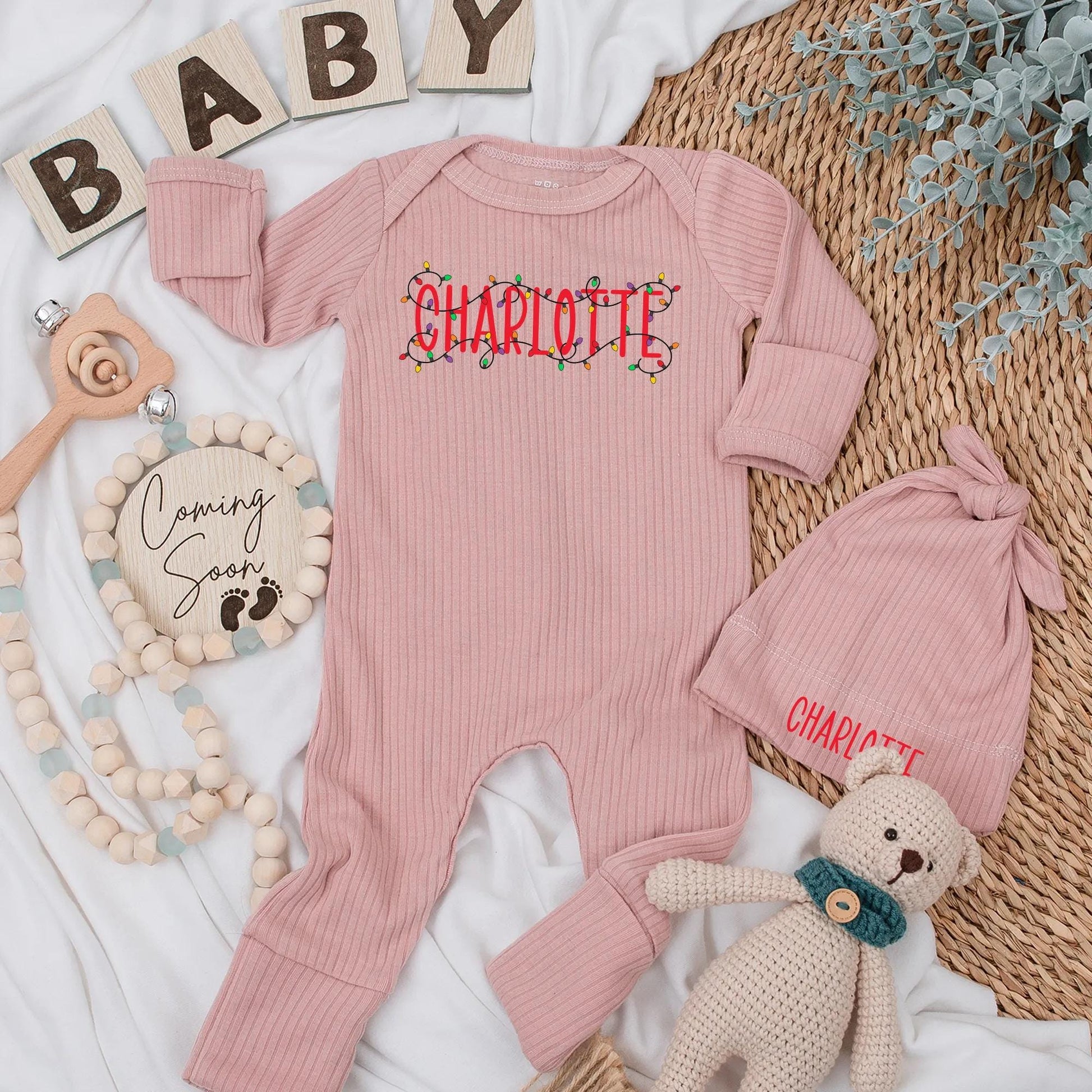 Personalized Charlotte Christmas Lights Baby Bodysuit Custom Name Newborn Holiday Outfit Festive Xmas Baby Shower Gift Coming Home Romper