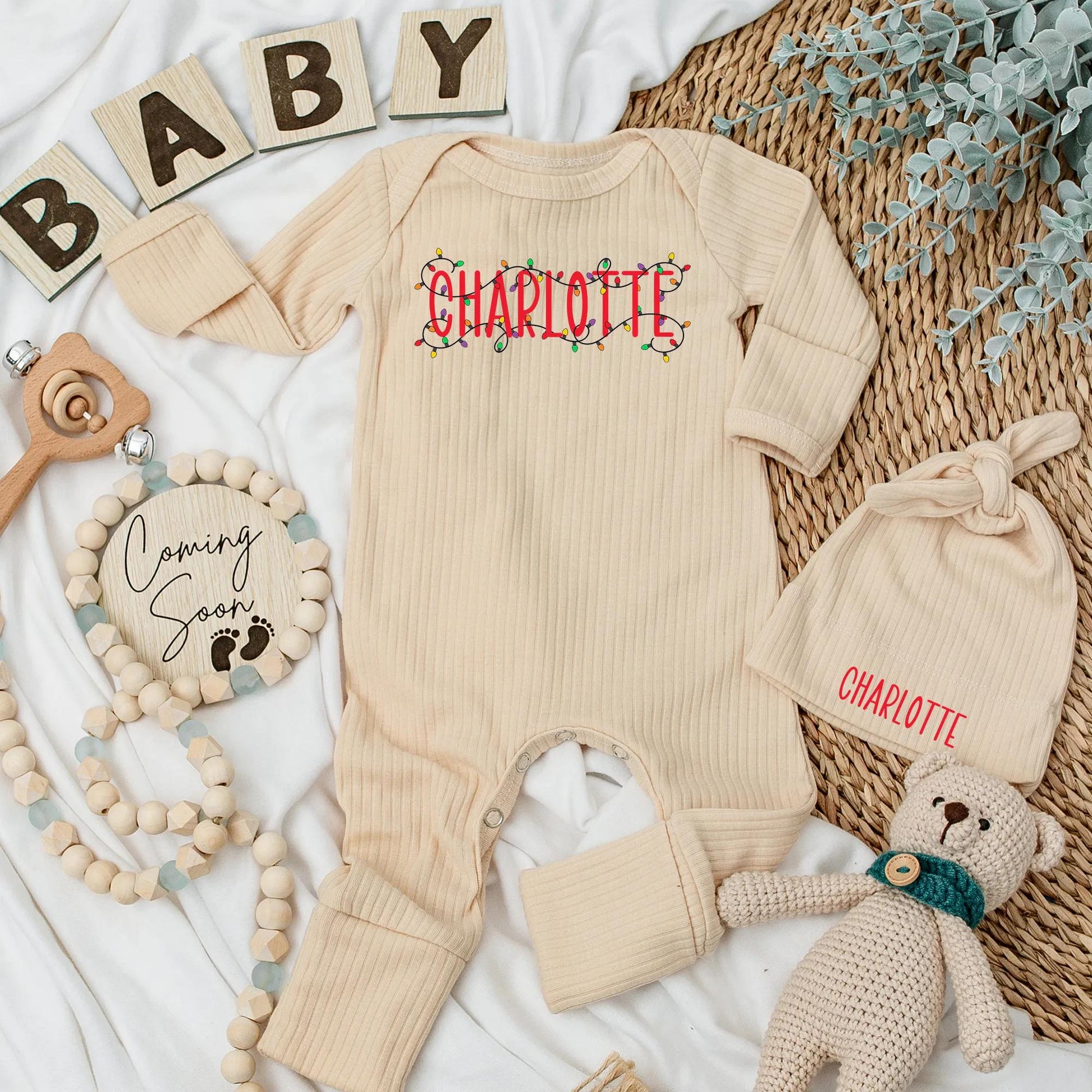 Personalized Charlotte Christmas Lights Baby Bodysuit Custom Name Newborn Holiday Outfit Festive Xmas Baby Shower Gift Coming Home Romper