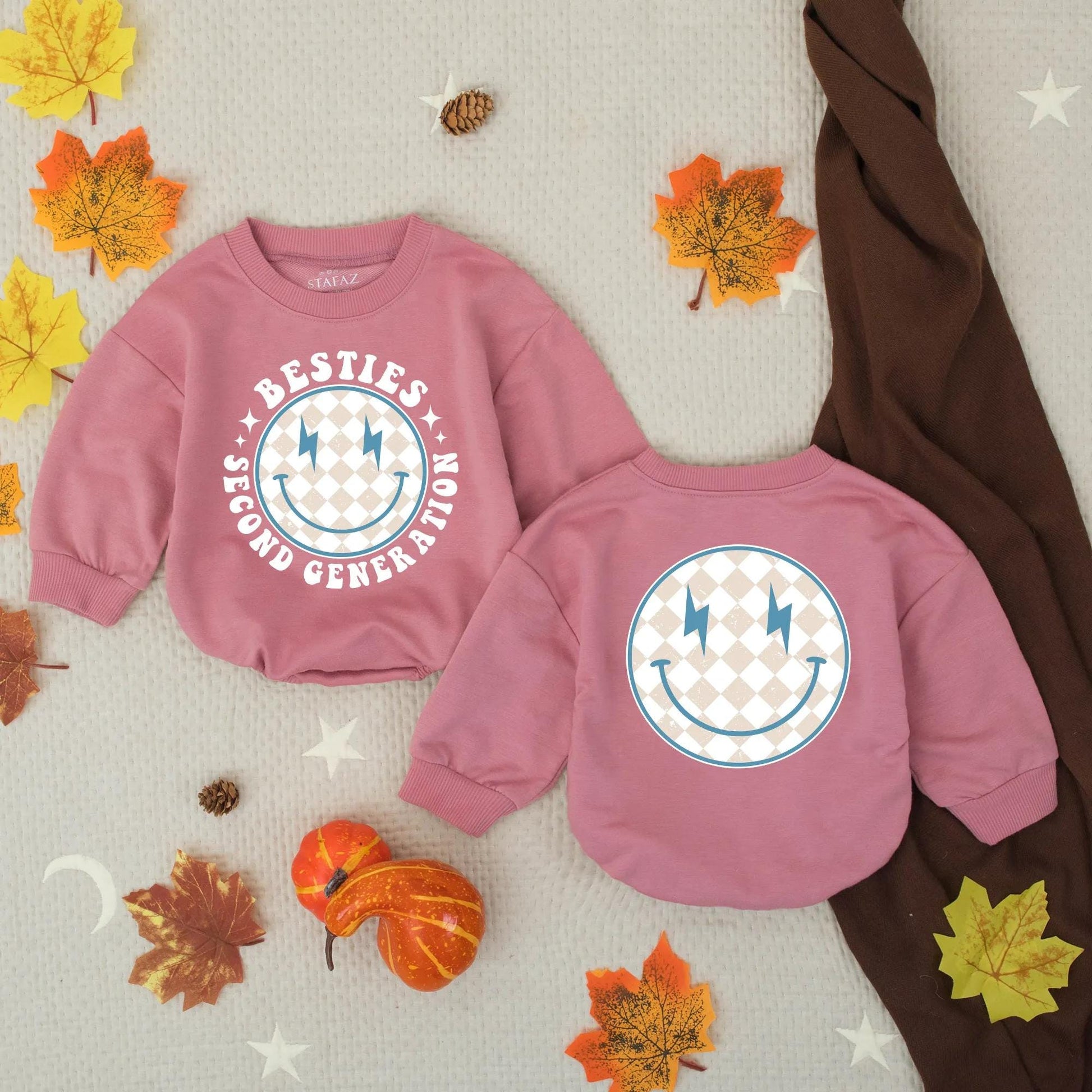 Second Generation Besties Bubble Romper Playful Retro Smiley Blue Lightning Bolt Baby Outfit Toddler BFF Gift Beige Diamond Pattern