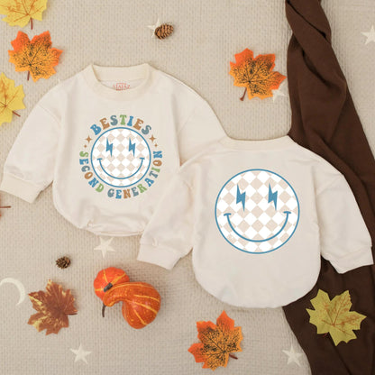 Second Generation Besties Bubble Romper Playful Retro Smiley Blue Lightning Bolt Baby Outfit Toddler BFF Gift Beige Diamond Pattern