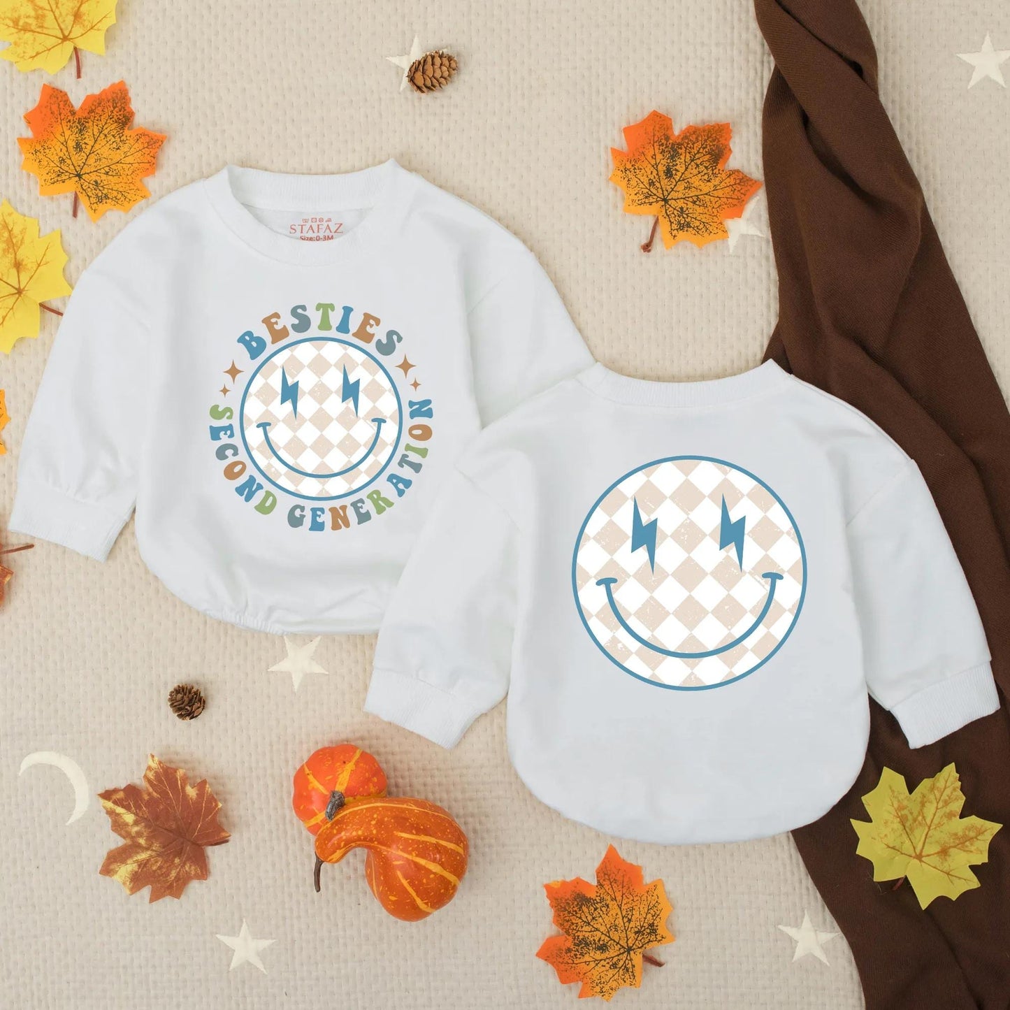 Second Generation Besties Bubble Romper Playful Retro Smiley Blue Lightning Bolt Baby Outfit Toddler BFF Gift Beige Diamond Pattern