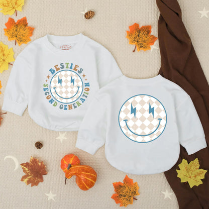 Second Generation Besties Bubble Romper Playful Retro Smiley Blue Lightning Bolt Baby Outfit Toddler BFF Gift Beige Diamond Pattern