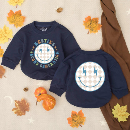 Second Generation Besties Bubble Romper Playful Retro Smiley Blue Lightning Bolt Baby Outfit Toddler BFF Gift Beige Diamond Pattern