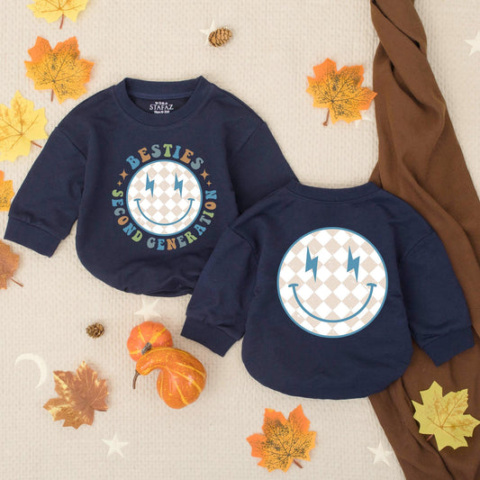 Second Generation Besties Bubble Romper Playful Retro Smiley Blue Lightning Bolt Baby Outfit Toddler BFF Gift Beige Diamond Pattern