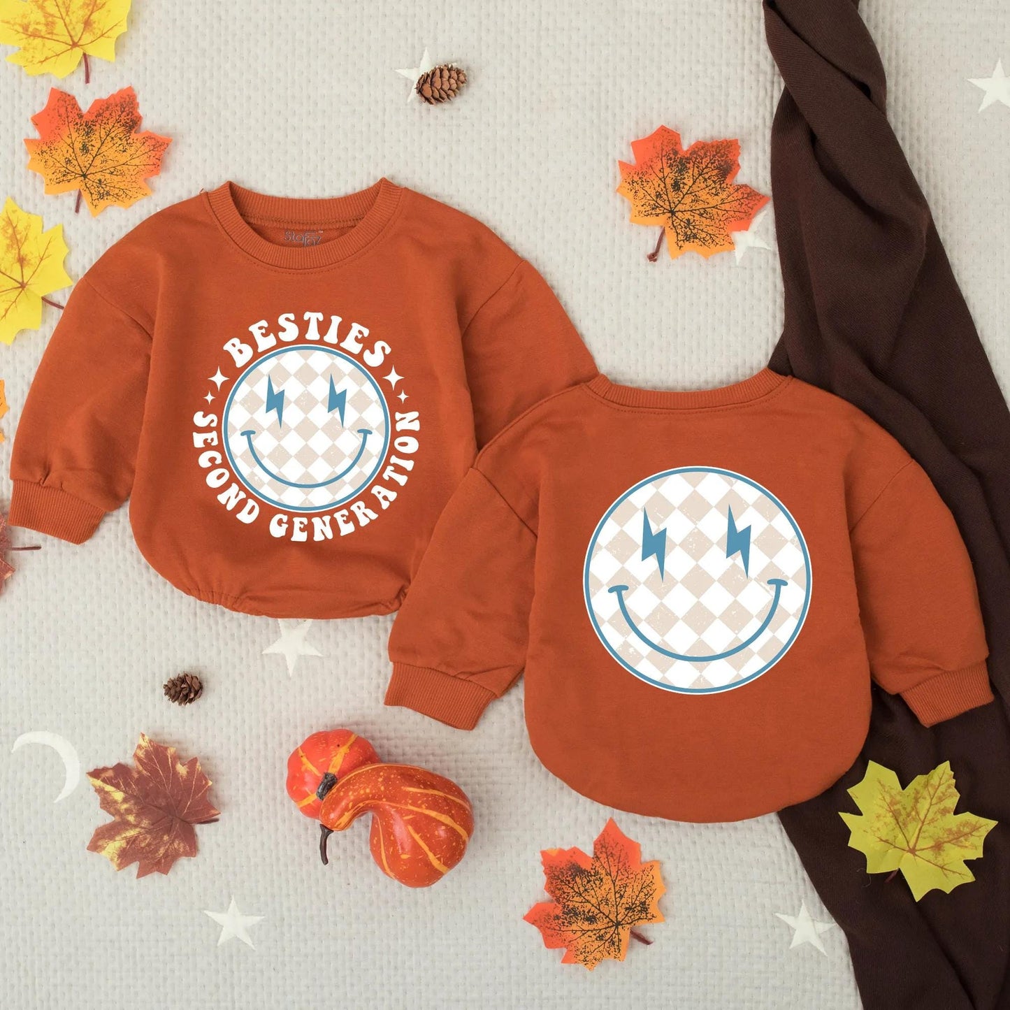 Second Generation Besties Bubble Romper Playful Retro Smiley Blue Lightning Bolt Baby Outfit Toddler BFF Gift Beige Diamond Pattern