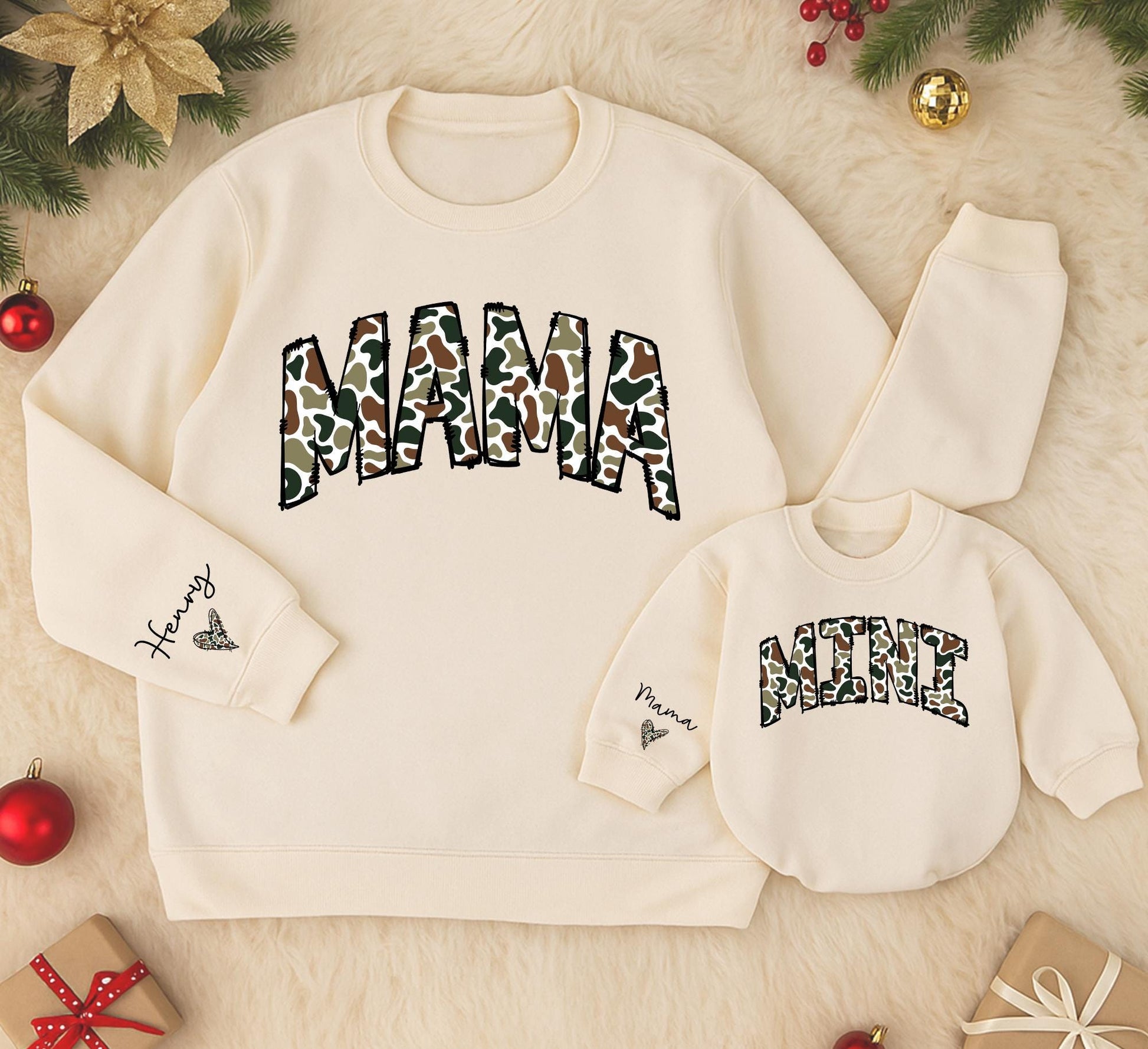 Personalized Camouflage Mama Mini Matching Sweatshirt and Romper Outfit Mom Baby Girl Varsity Cozy Cotton Blend New Mom Gift Set