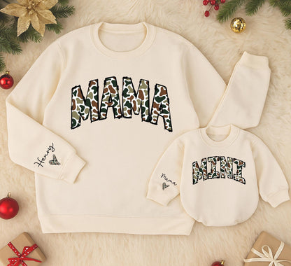 Personalized Camouflage Mama Mini Matching Sweatshirt and Romper Outfit Mom Baby Girl Varsity Cozy Cotton Blend New Mom Gift Set