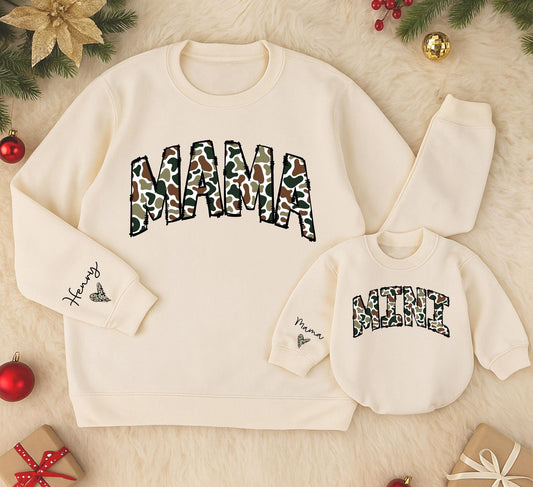 Personalized Camouflage Mama Mini Matching Sweatshirt and Romper Outfit Mom Baby Girl Varsity Cozy Cotton Blend New Mom Gift Set