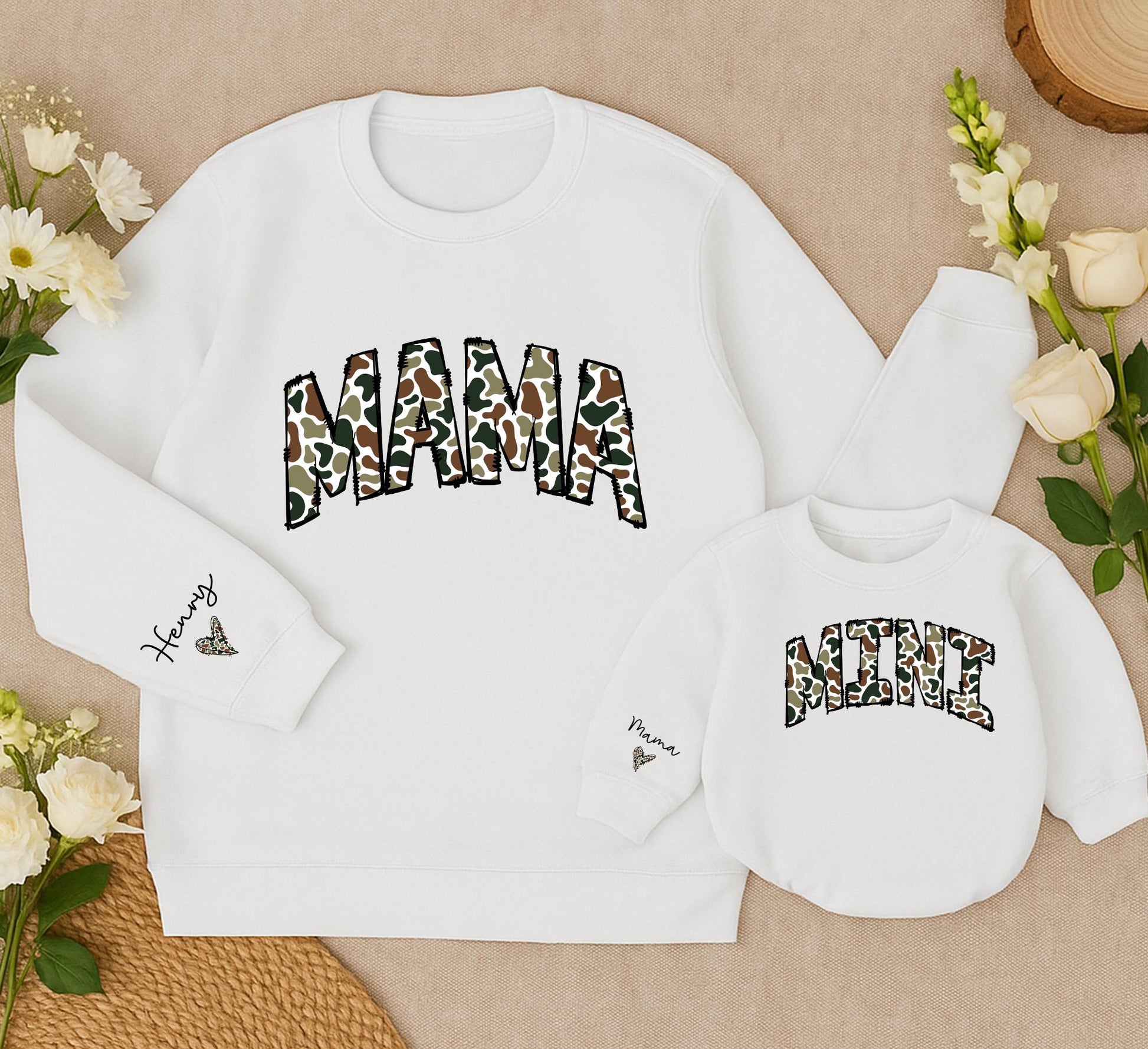 Personalized Camouflage Mama Mini Matching Sweatshirt and Romper Outfit Mom Baby Girl Varsity Cozy Cotton Blend New Mom Gift Set