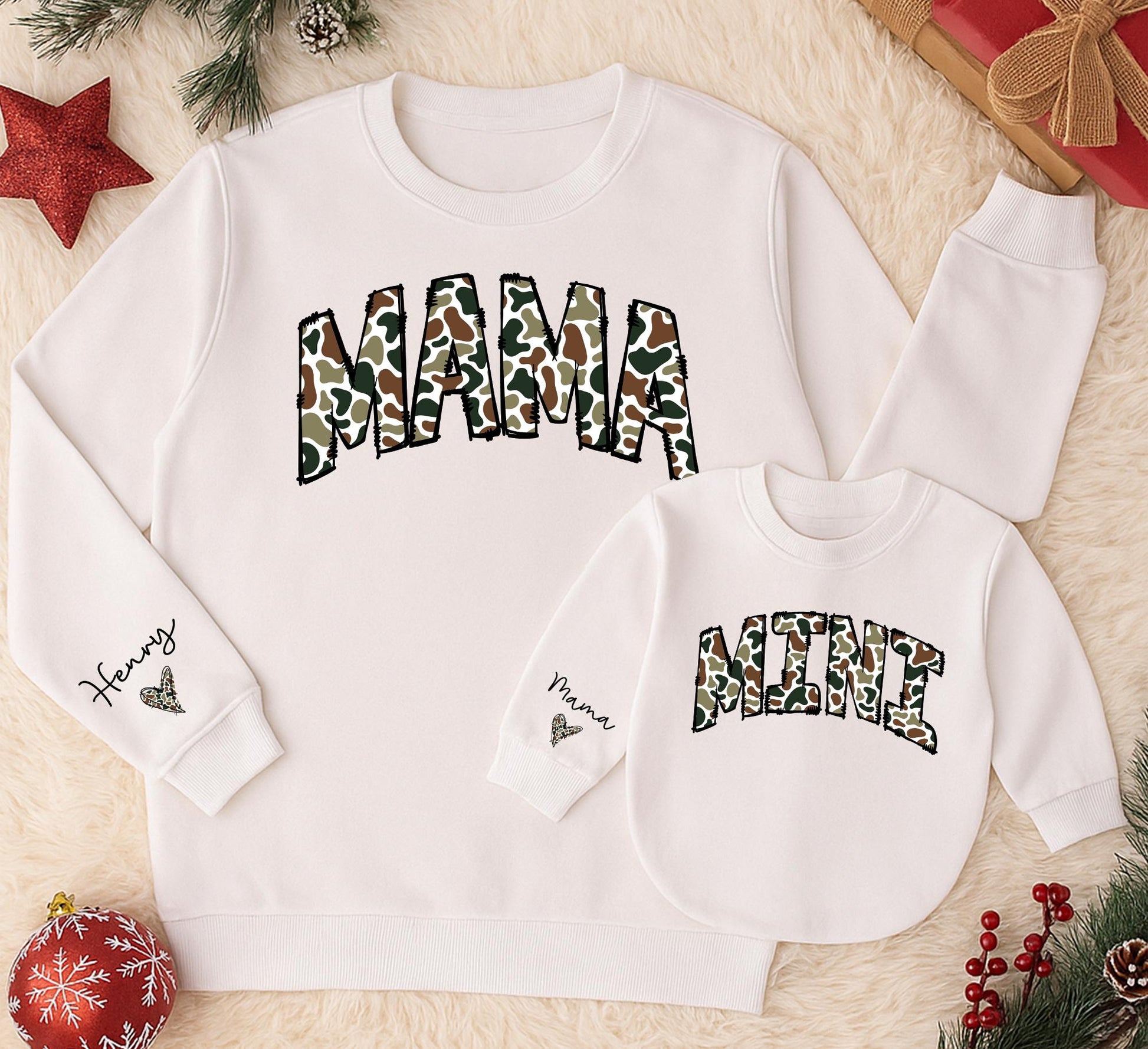 Personalized Camouflage Mama Mini Matching Sweatshirt and Romper Outfit Mom Baby Girl Varsity Cozy Cotton Blend New Mom Gift Set