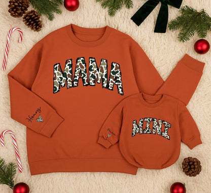 Personalized Camouflage Mama Mini Matching Sweatshirt and Romper Outfit Mom Baby Girl Varsity Cozy Cotton Blend New Mom Gift Set
