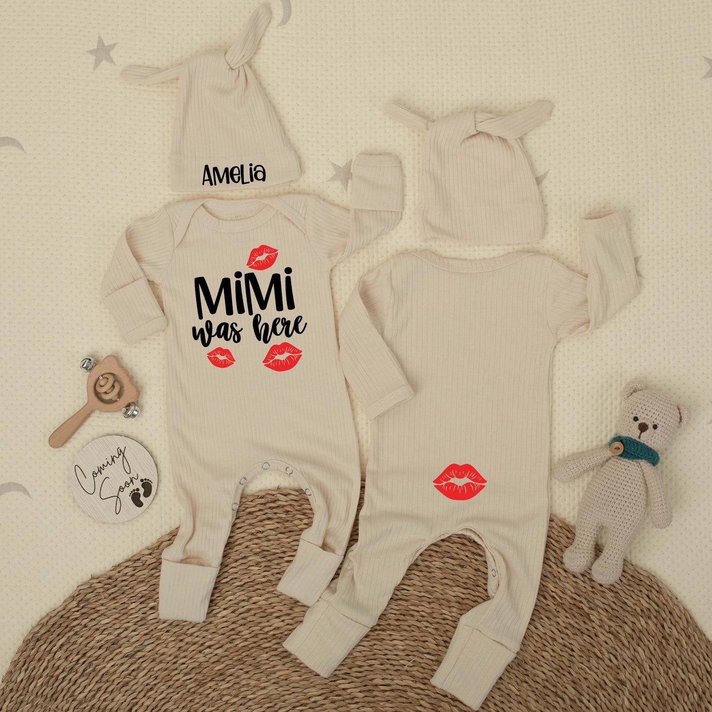 MiMi Was Here Baby Bodysuit with Red Lips, Cute Newborn Outfit Grandma Gift, Shower Present, Gender Neutral Baby Clothes Funny Bodysuit, Auntie Gift
