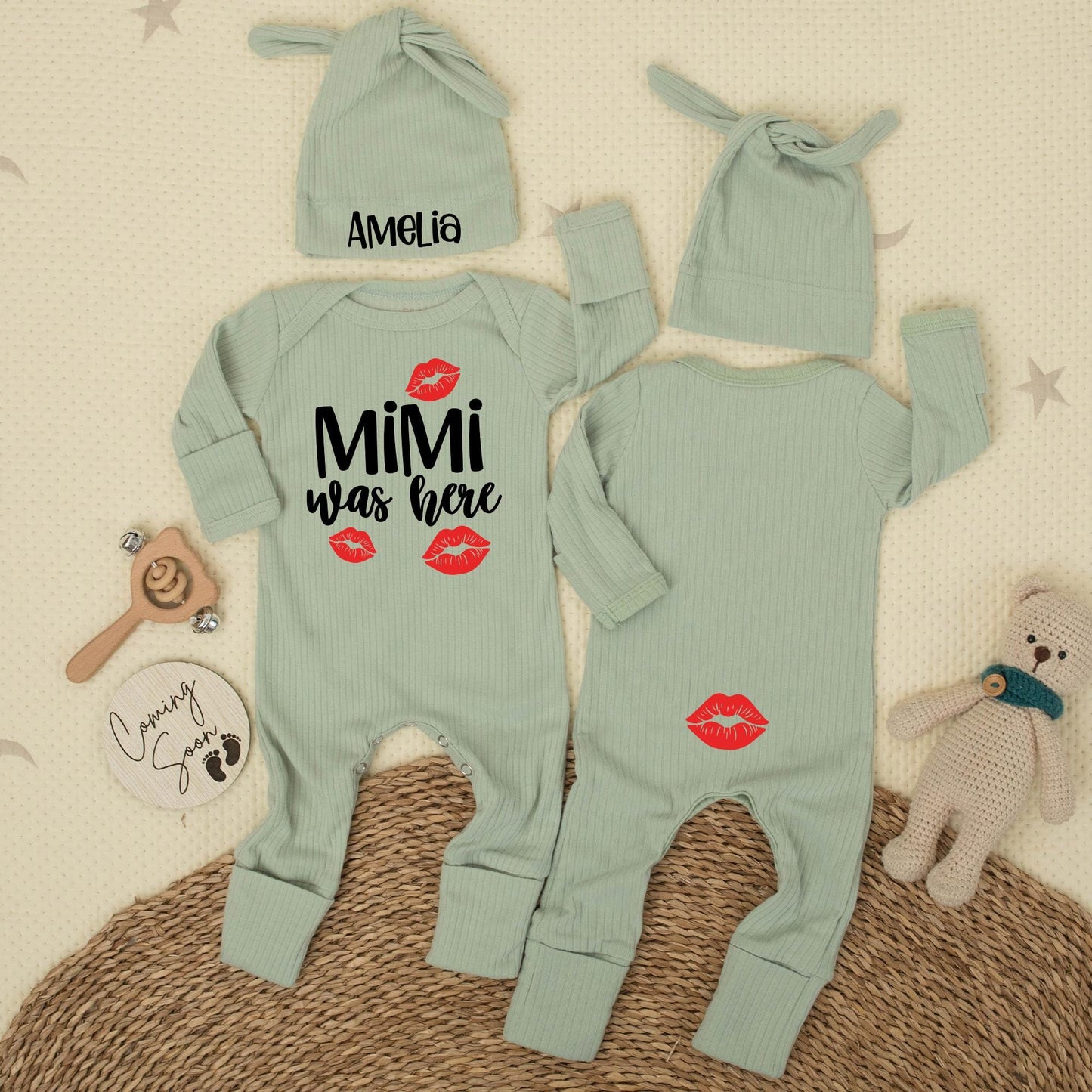 MiMi Was Here Baby Bodysuit with Red Lips, Cute Newborn Outfit Grandma Gift, Shower Present, Gender Neutral Baby Clothes Funny Bodysuit, Auntie Gift