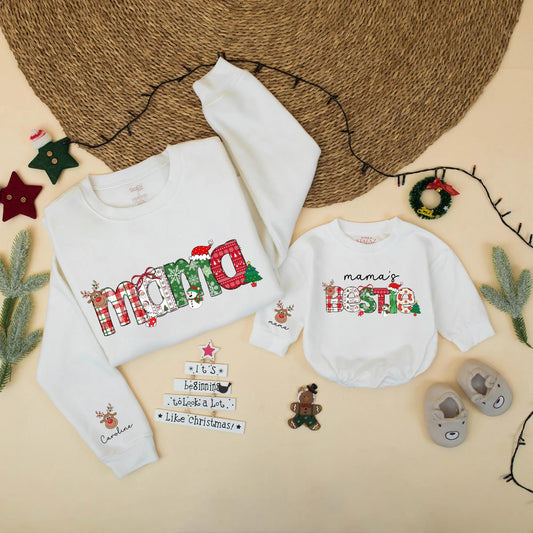 Custom Christmas Mama & Bestie Plaid Matching Holiday Sweatshirts Cozy Mom Daughter Festive Winter Crewneck with Personalized Reindeer Sleeve