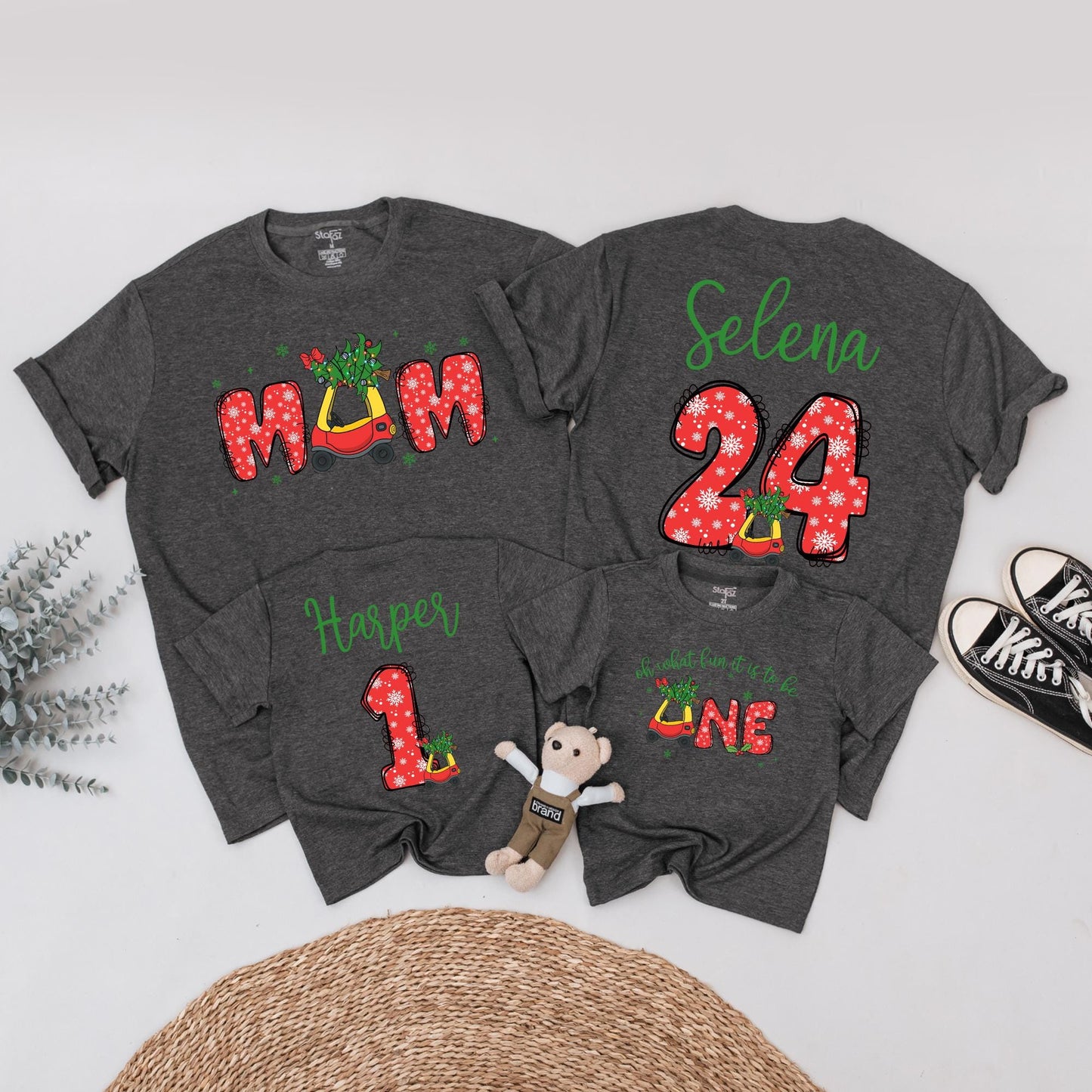 Personalized First Christmas Family Shirts with Names & Festive Snowflake Vintage Car Design Matching Outfits for Mom Dad Baby's Holiday
