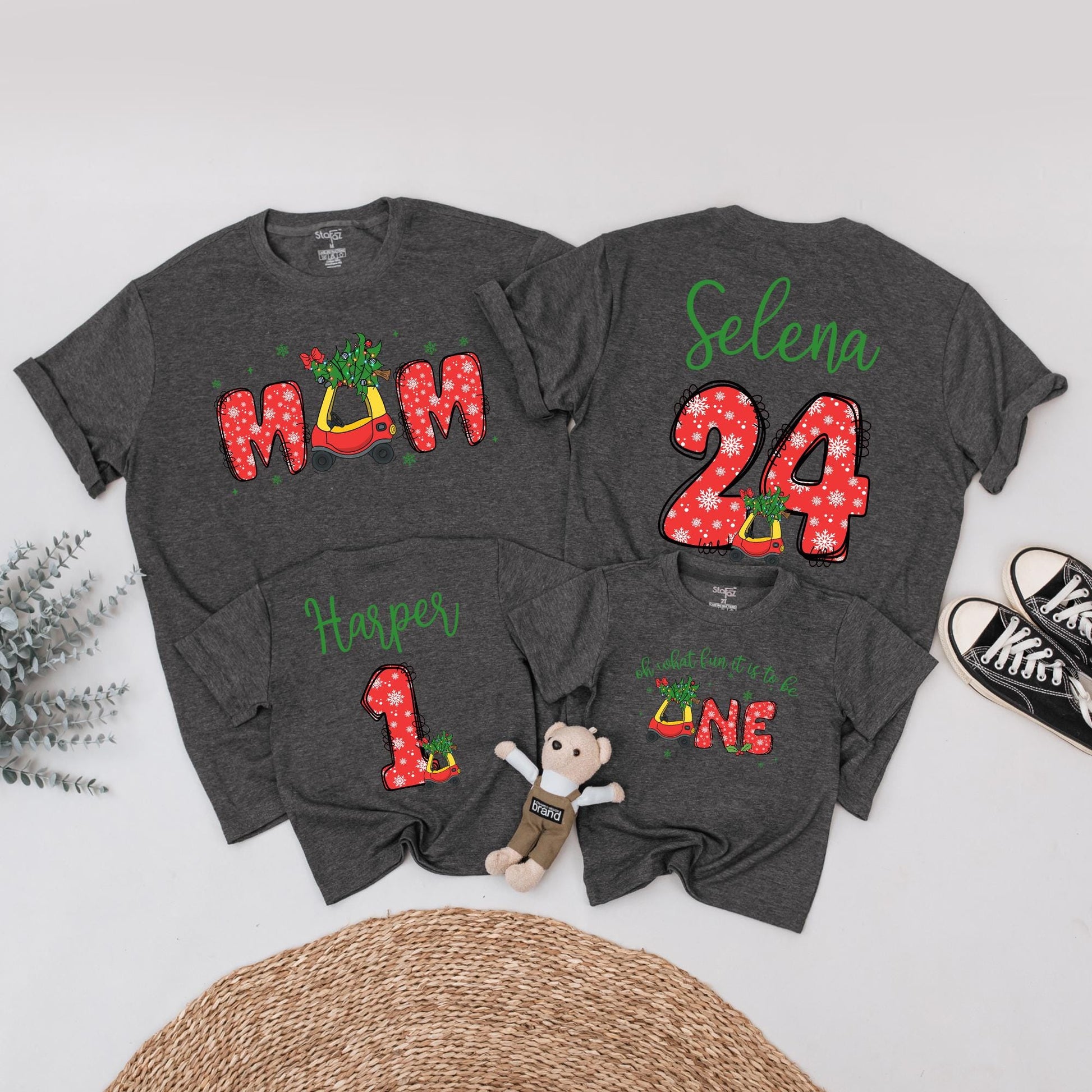 Personalized First Christmas Family Shirts with Names & Festive Snowflake Vintage Car Design Matching Outfits for Mom Dad Baby's Holiday