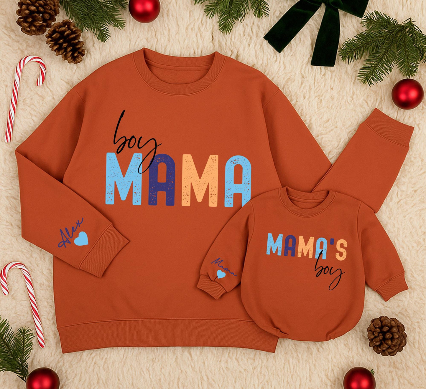 Custom Boy Mama Sweatshirt Romper Set, Personalized Name Sleeve,  Newborn Gift for Her, Modern Mom and Baby Matching Outfit, Christmas Present (139 chars)