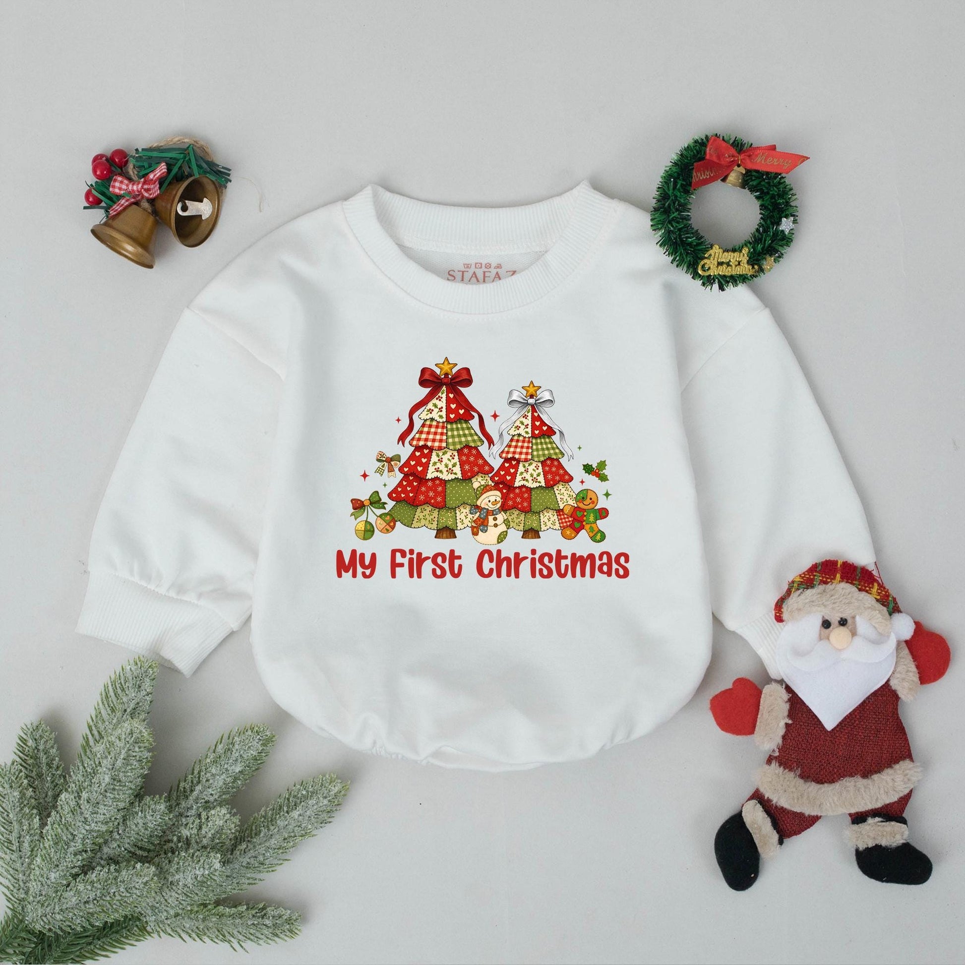 My First Christmas Bubble Romper Vintage Patchwork Tree Design Holiday Baby Bodysuit Festive Snowman Gingerbread Infant Outfit Reds Greens