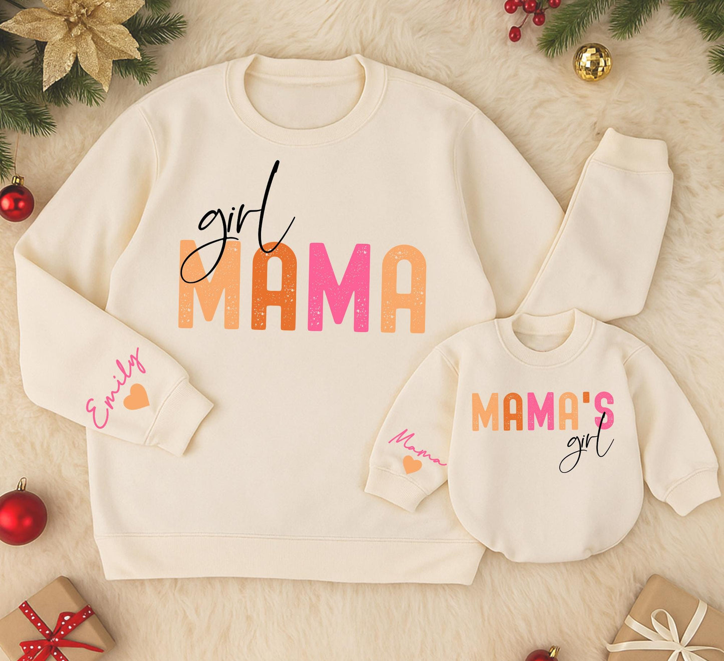Mama & Girl Matching Sweatshirt Set, Peach and Pink Design, Custom Baby Romper, Playful Family Outfits, Holiday Gift for Mom and Mini, Personalized Emily