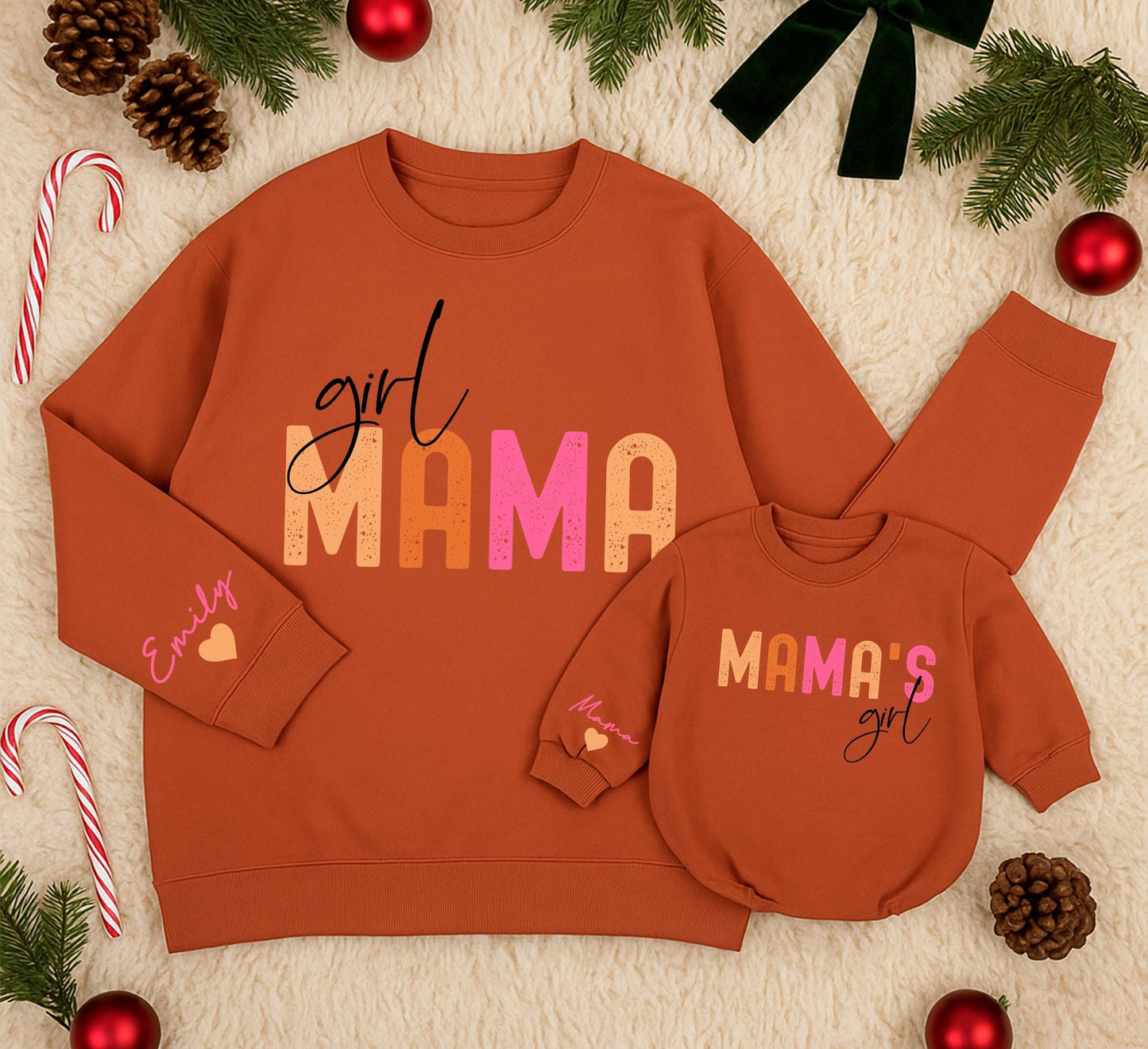 Mama & Girl Matching Sweatshirt Set, Peach and Pink Design, Custom Baby Romper, Playful Family Outfits, Holiday Gift for Mom and Mini, Personalized Emily