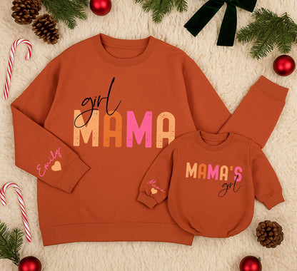 Mama & Girl Matching Sweatshirt Set, Peach and Pink Design, Custom Baby Romper, Playful Family Outfits, Holiday Gift for Mom and Mini, Personalized Emily