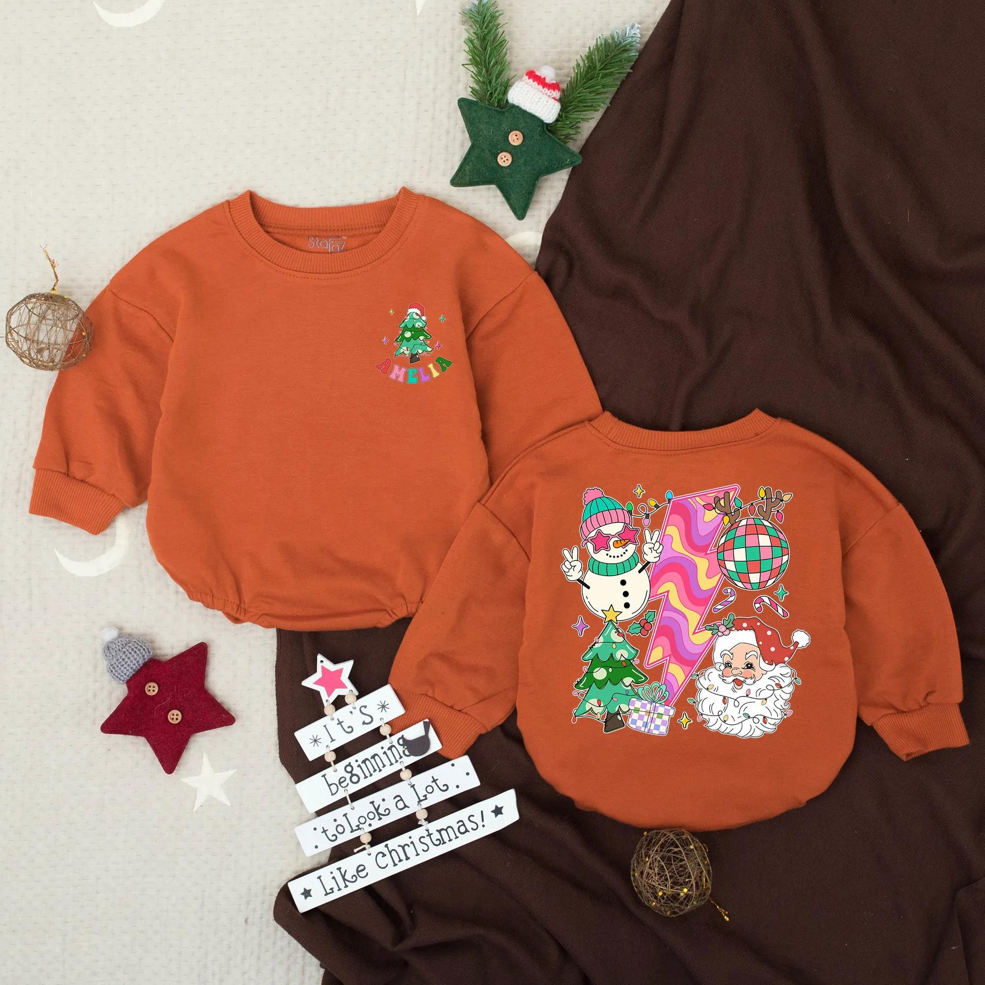 Groovy Christmas Baby Romper: Retro Holiday Outfit with 'AMELIA' & Fun Festive Design, Cute Xmas Toddler Bodysuit Gift, Baby Holiday Clothes (138 chars)