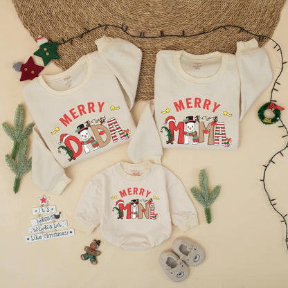 Merry Mama Dada Mini Matching Christmas Sweatshirt Cute Cartoon Holiday Family Outfit Toddler Baby Girl Boy Mom Dad Festive Gift Idea