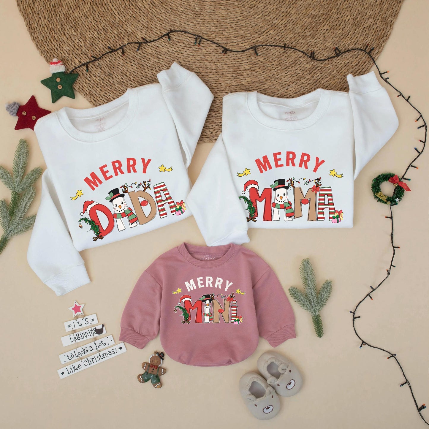 Merry Mama Dada Mini Matching Christmas Sweatshirt Cute Cartoon Holiday Family Outfit Toddler Baby Girl Boy Mom Dad Festive Gift Idea