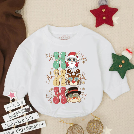 Groovy Ho Ho Ho Santa Snowman Reindeer Baby Romper Festive Holiday Infant Bubble Outfit Toddler Christmas Gift Winter Clothes Retro Peace Sign Fun