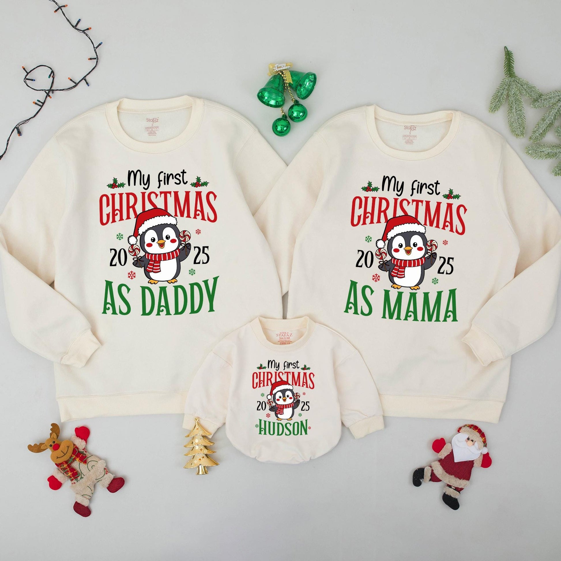 My First Christmas Family Matching Sweatshirt Penguin Red Green Custom Name Holiday Outfit Baby's First