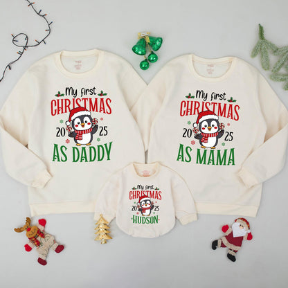 My First Christmas Family Matching Sweatshirt Penguin Red Green Custom Name Holiday Outfit Baby's First