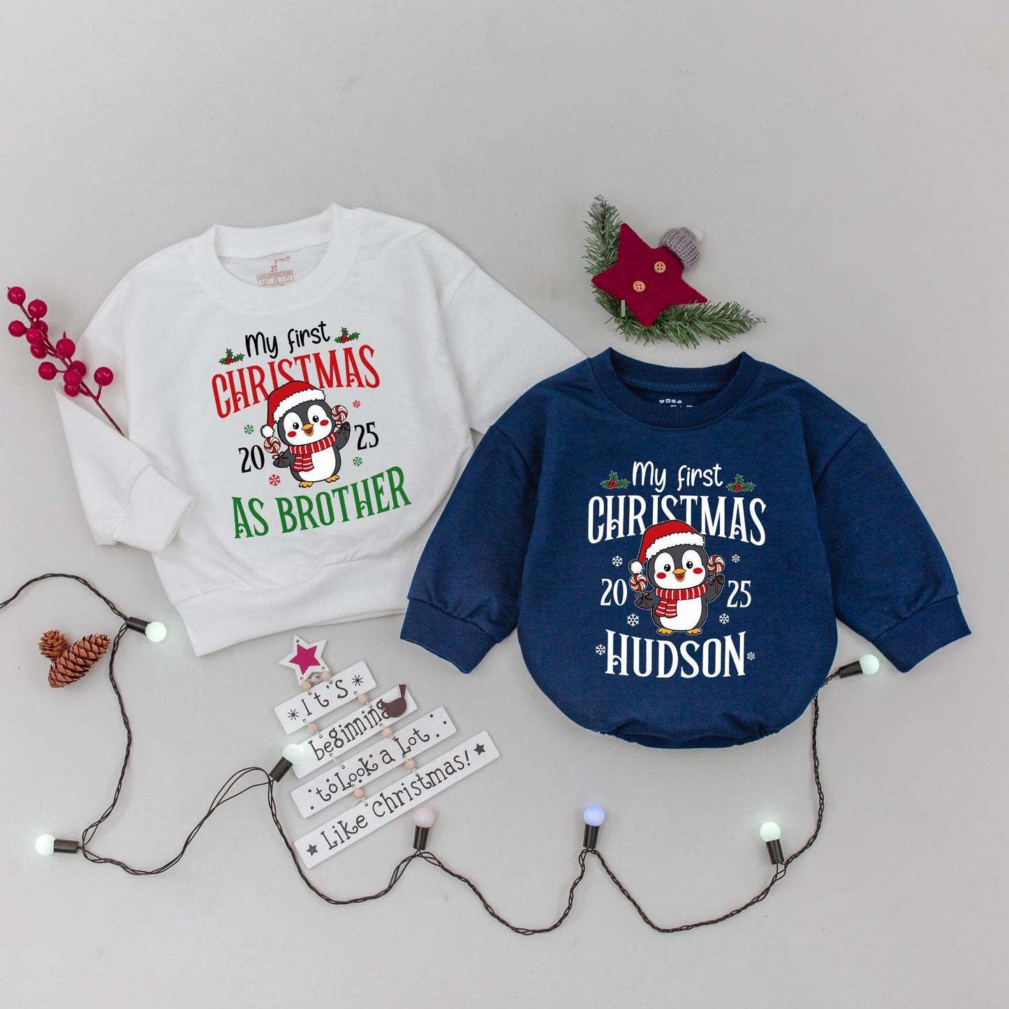 My First Christmas Family Matching Sweatshirt Penguin Red Green Custom Name Holiday Outfit Baby's First