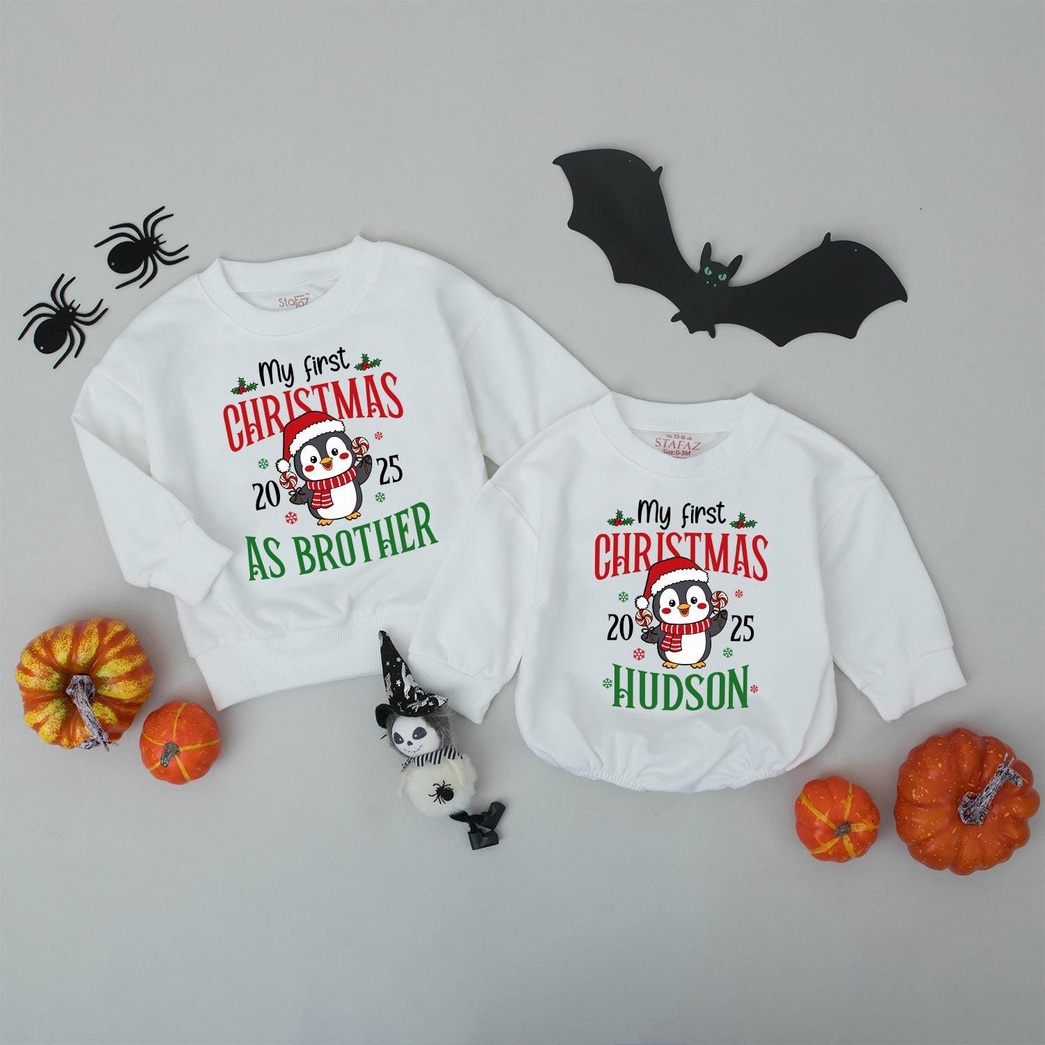 My First Christmas Family Matching Sweatshirt Penguin Red Green Custom Name Holiday Outfit Baby's First