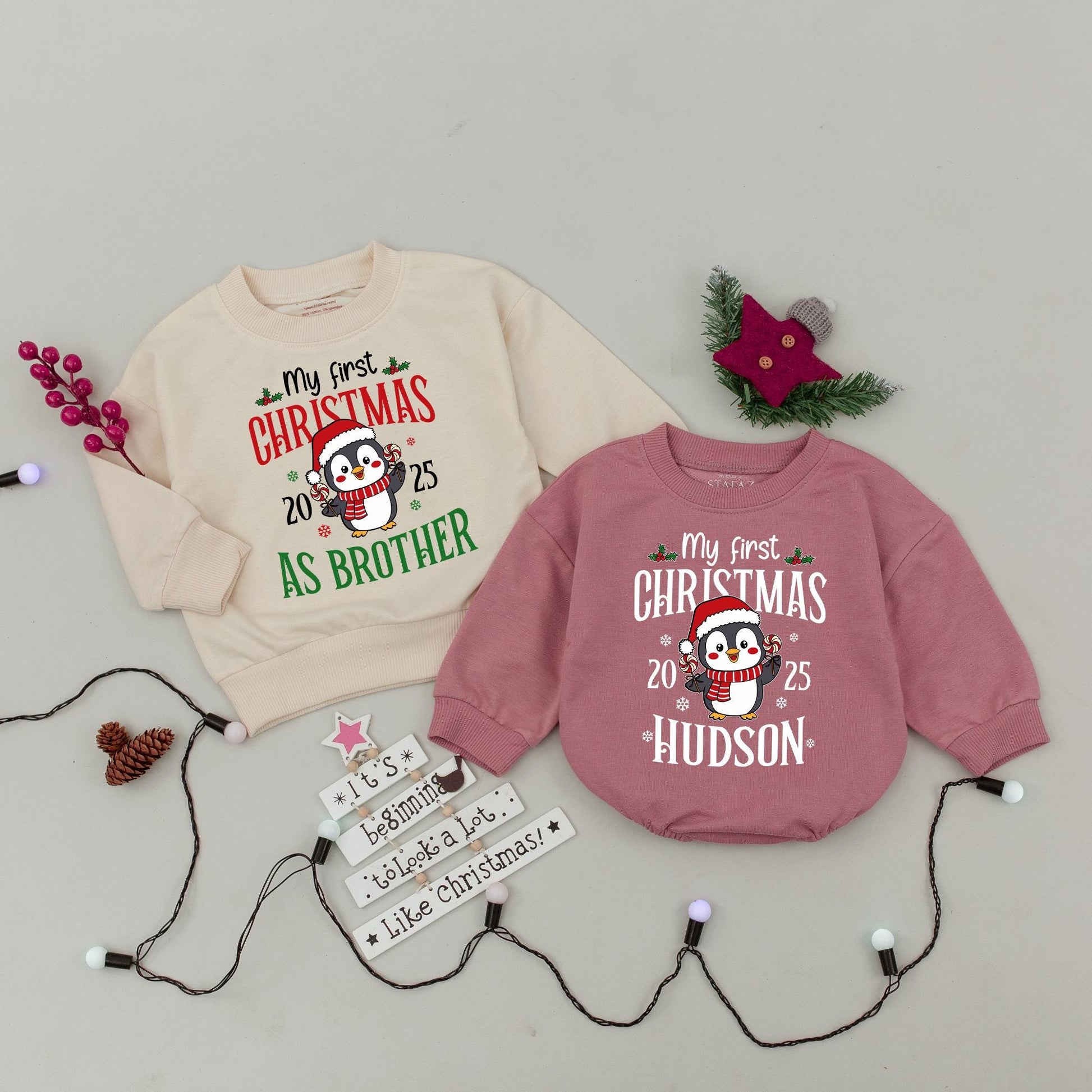 My First Christmas Family Matching Sweatshirt Penguin Red Green Custom Name Holiday Outfit Baby's First