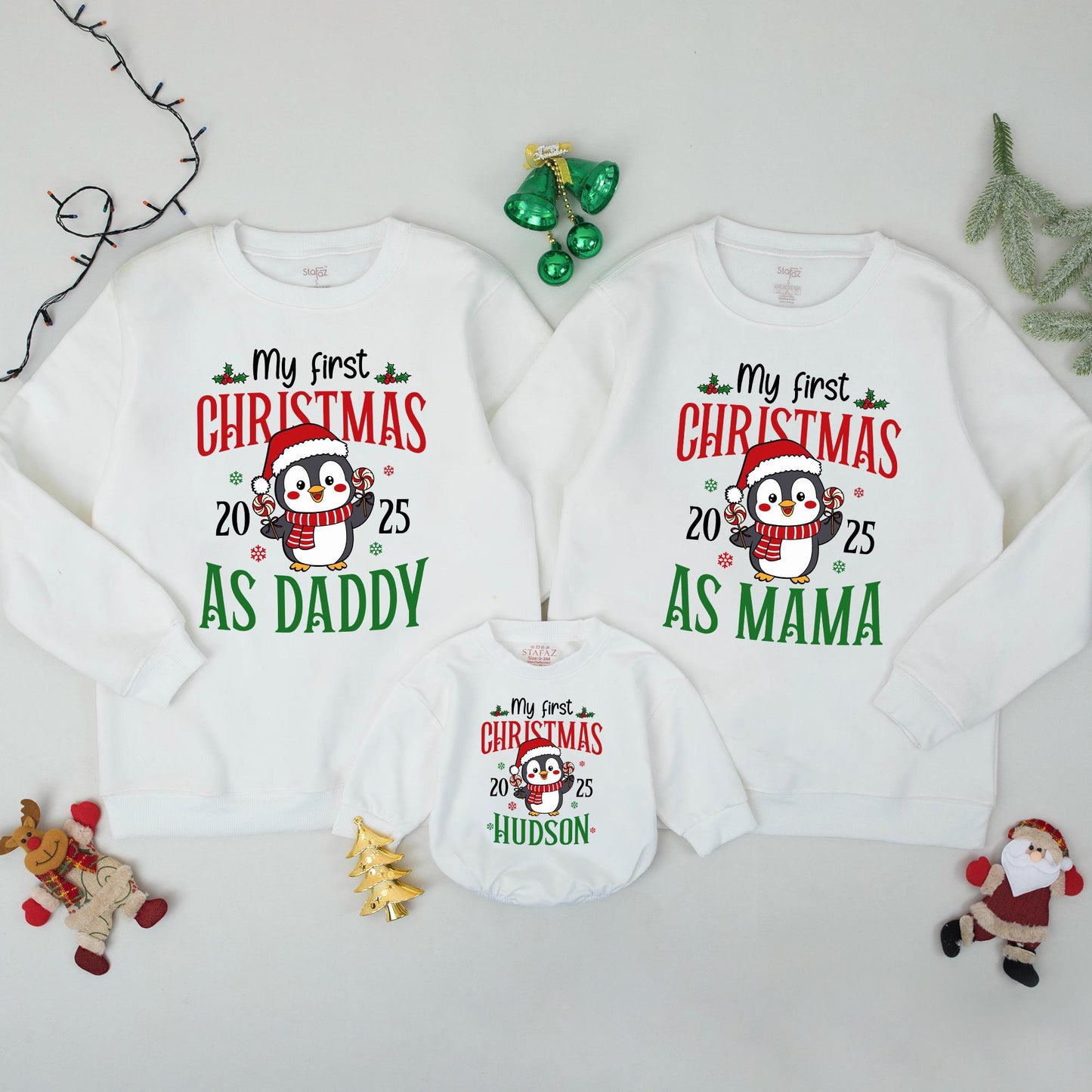 My First Christmas Family Matching Sweatshirt Penguin Red Green Custom Name Holiday Outfit Baby's First