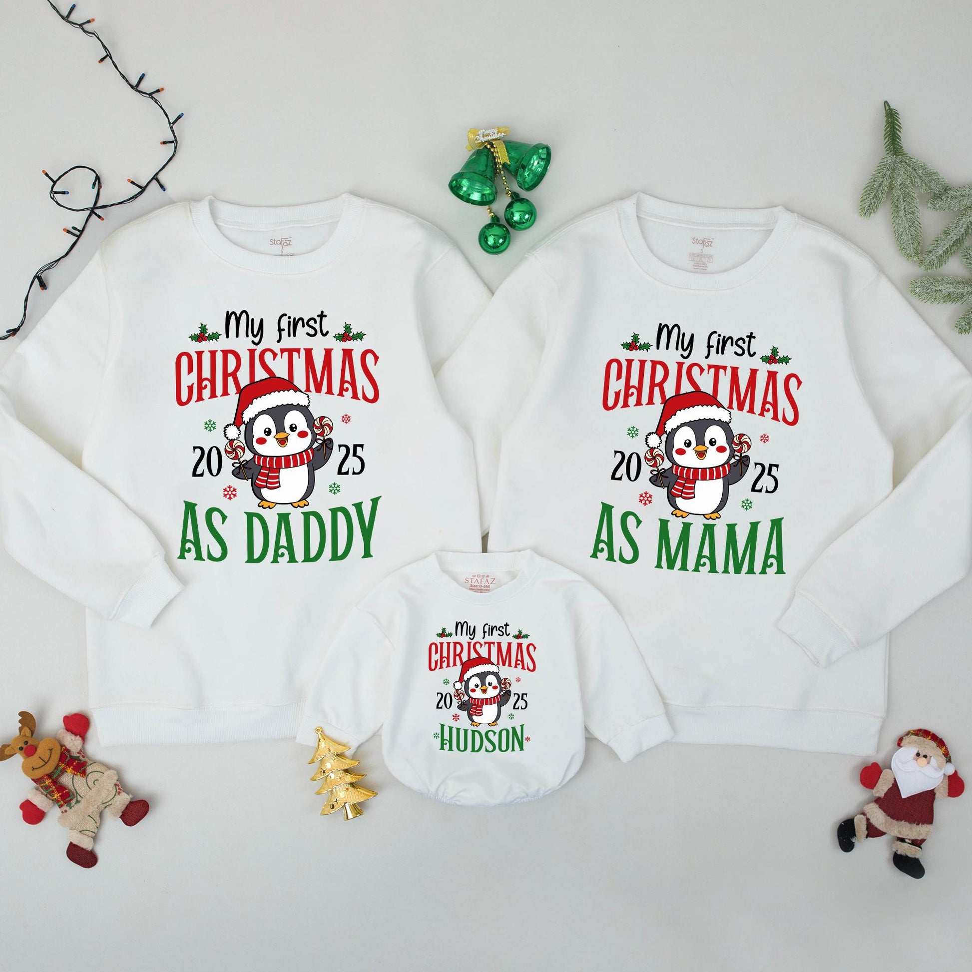 My First Christmas Family Matching Sweatshirt Penguin Red Green Custom Name Holiday Outfit Baby's First