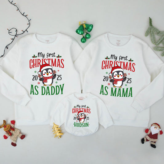 My First Christmas Family Matching Sweatshirt Penguin Red Green Custom Name Holiday Outfit Baby's First