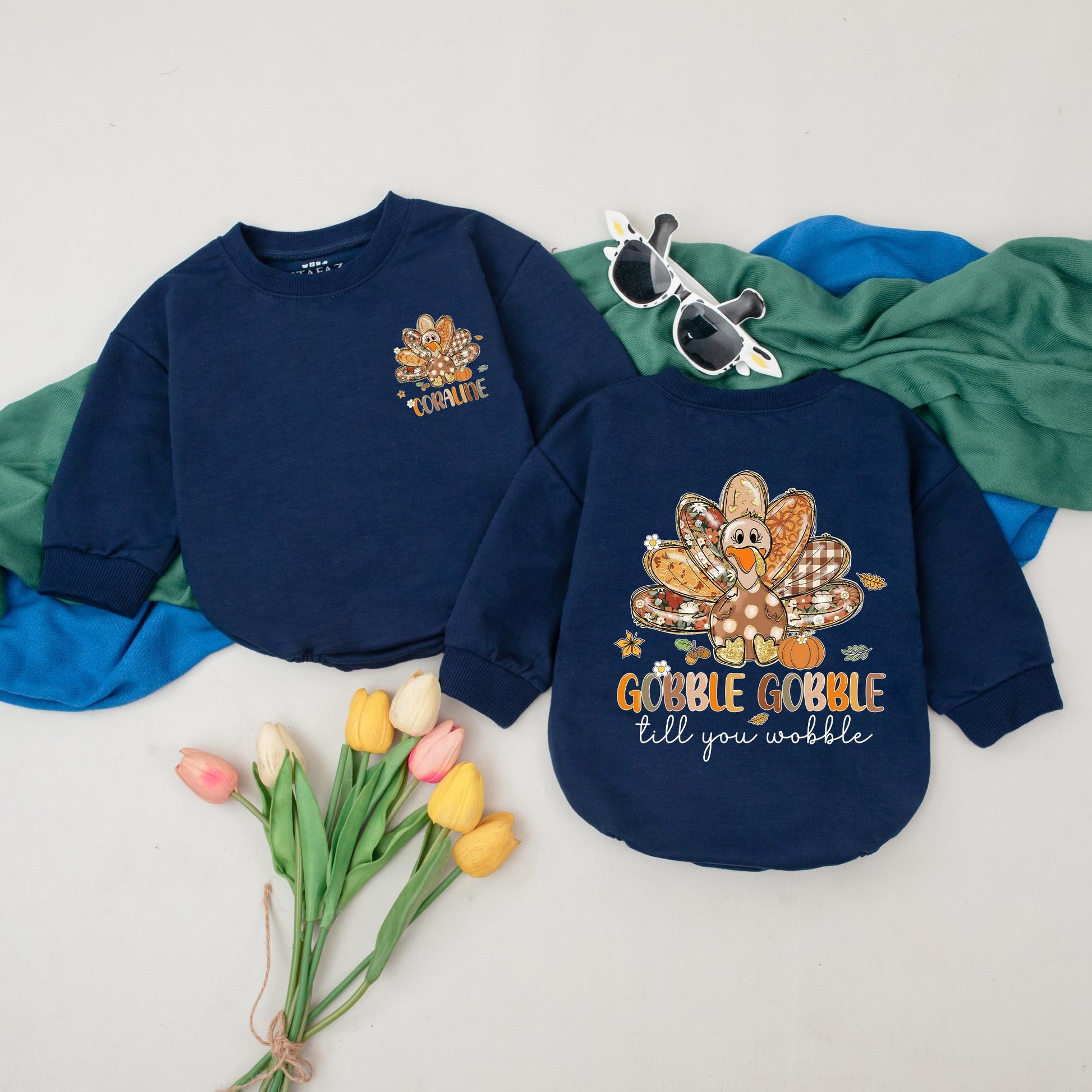 Personalized Gobble Gobble Until You Wobble Romper Custom Name Baby Bodysuit Whimsical Fall Autumn Thanksgiving Outfit Comfortably Soft for Baby's First Holiday