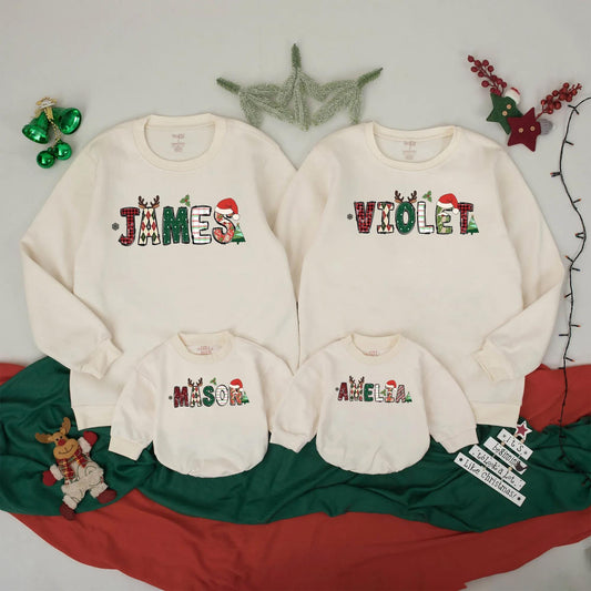 Custom Family Christmas Name Shirts Festive Doodle Alphabet Names with Santa Hats Cheerful Holiday Matching Outfits Personalized Reunion Gifts