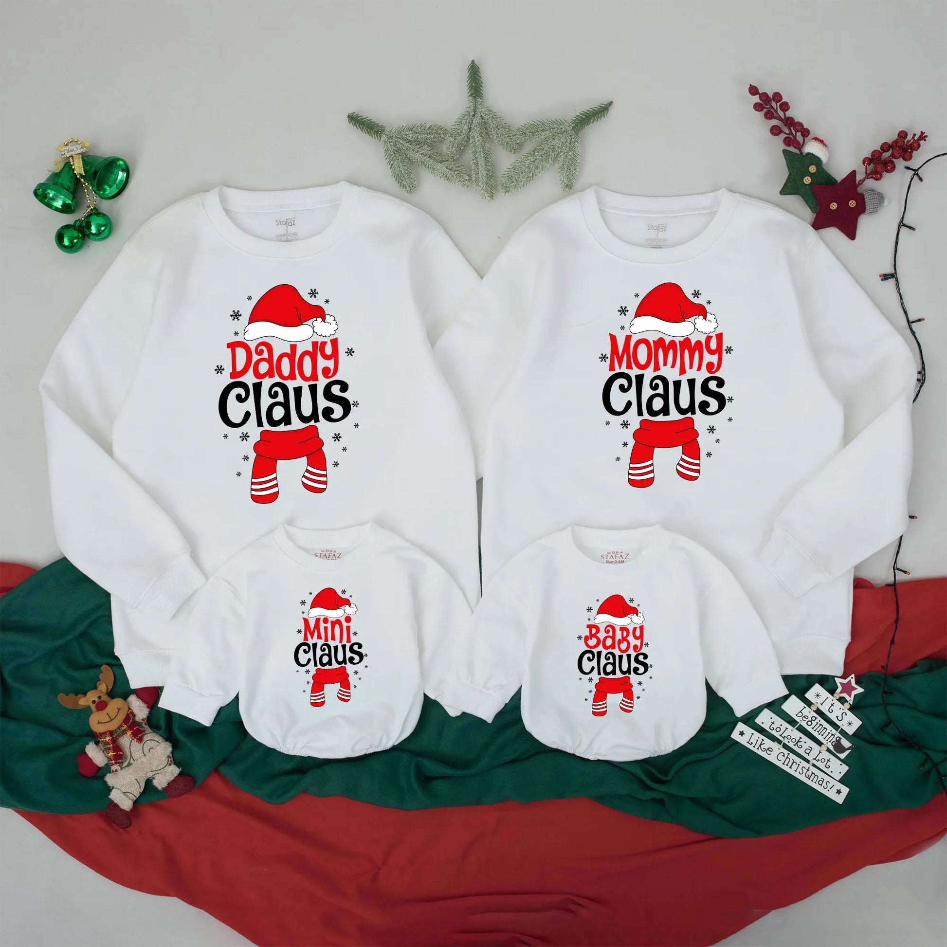 Custom Claus Family Sweatshirts Matching Christmas Holiday Outfits with Red Santa Hats and Snowflakes Perfect for Xmas Parties and Family Reunions