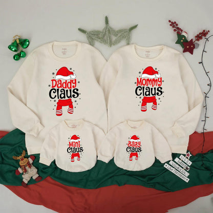 Custom Claus Family Sweatshirts Matching Christmas Holiday Outfits with Red Santa Hats and Snowflakes Perfect for Xmas Parties and Family Reunions