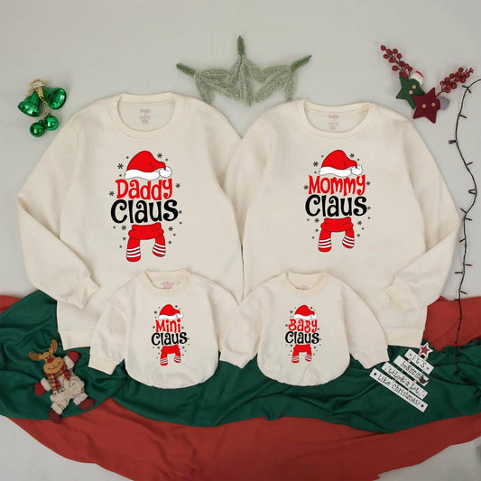 Custom Claus Family Sweatshirts Matching Christmas Holiday Outfits with Red Santa Hats and Snowflakes Perfect for Xmas Parties and Family Reunions