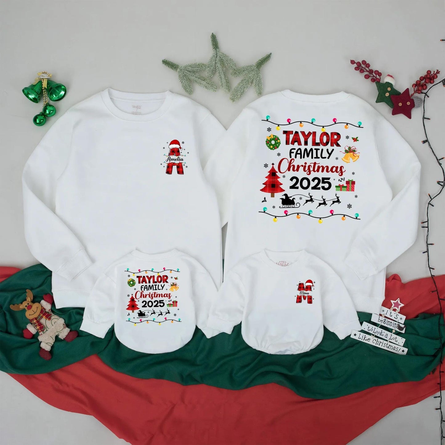 Personalized Christmas Family Sweatshirt, Matching Buffalo Plaid Pajamas, Custom 2025 Christmas Lights Group Outfit, Vintage Santa Holiday Crew Shirt