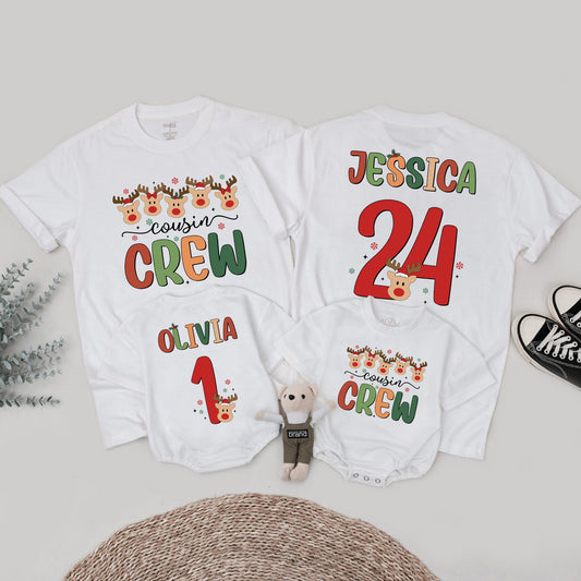 Personalized Christmas Cousin Crew Matching Reindeer Shirt with Custom Names Numbers Festive Santa Hats Whimsical Holiday Family Tee Gift