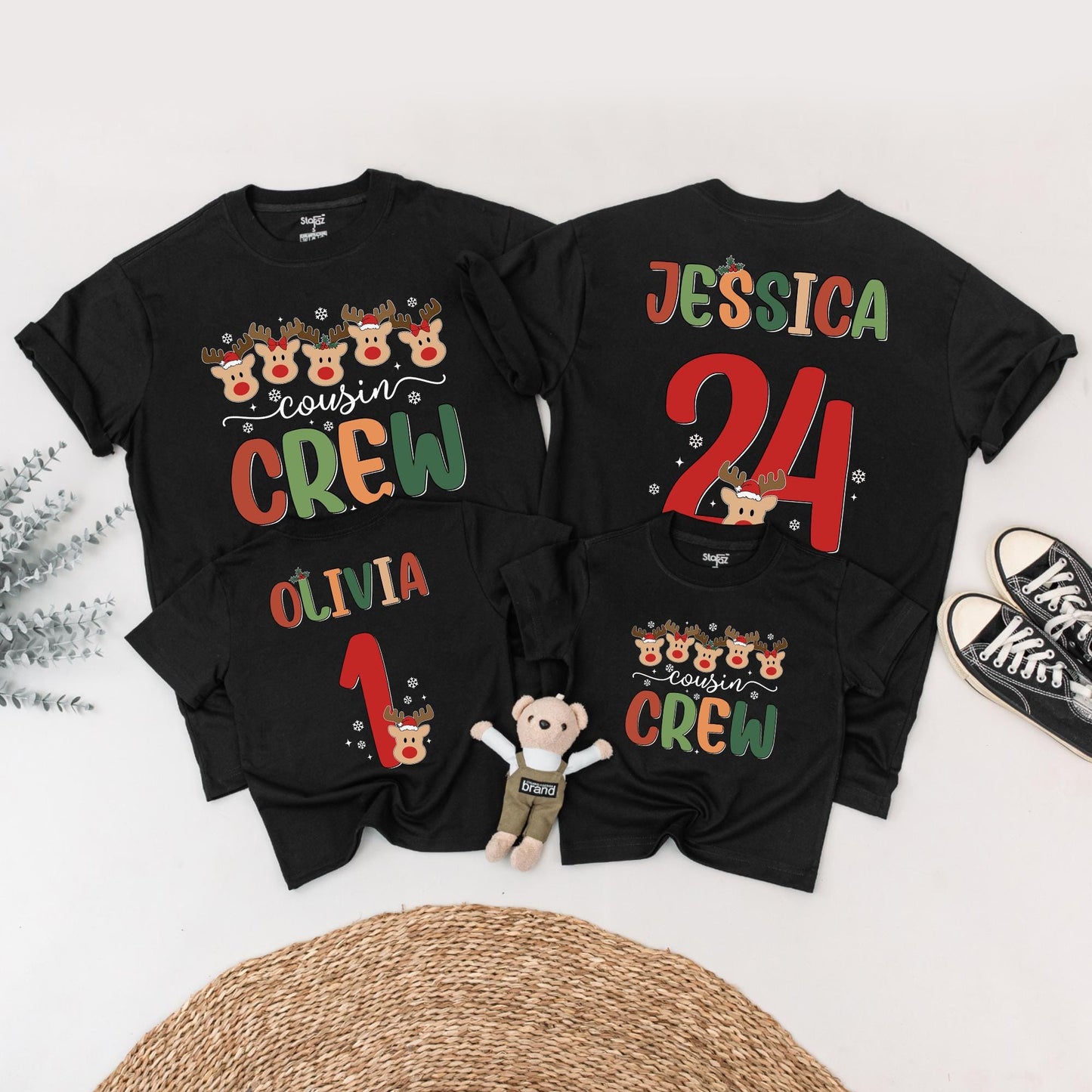 Personalized Christmas Cousin Crew Matching Reindeer Shirt with Custom Names Numbers Festive Santa Hats Whimsical Holiday Family Tee Gift